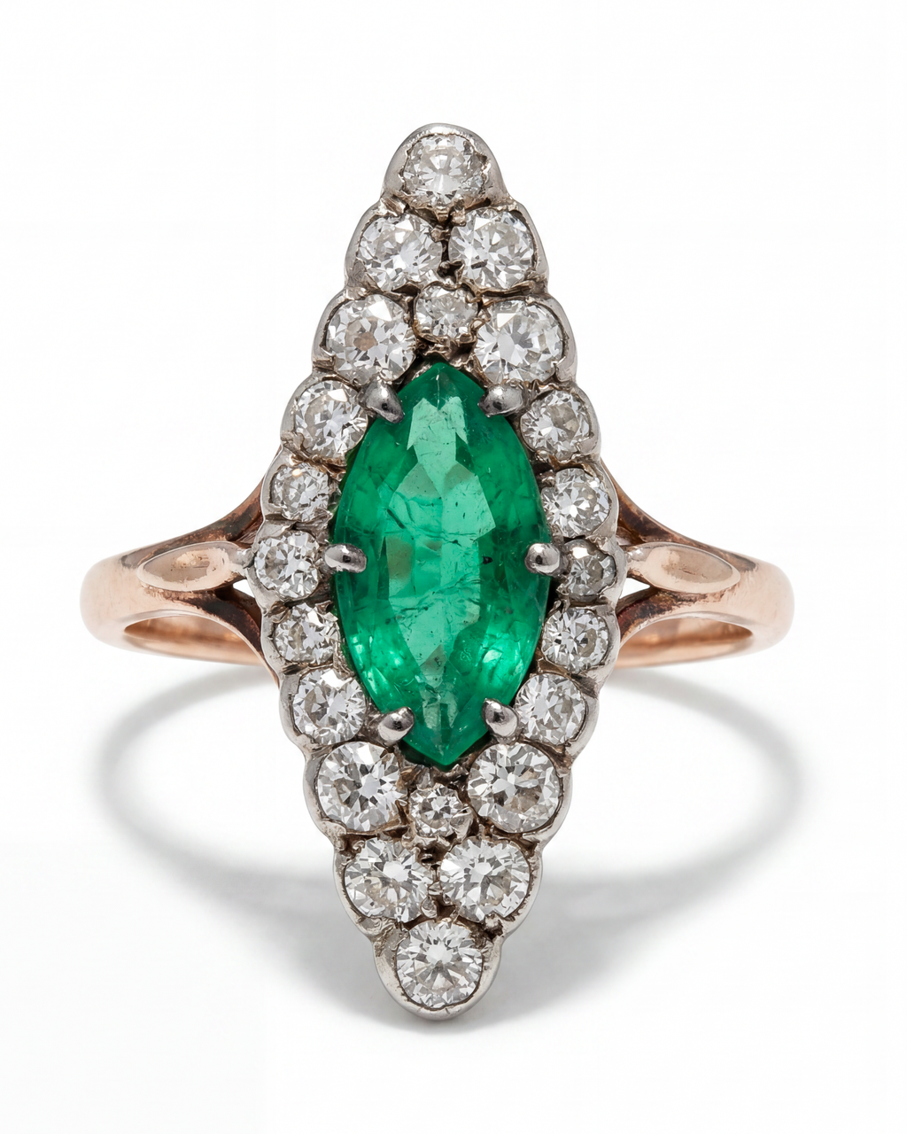 18KYG Emerald & Diamond Navette Ring