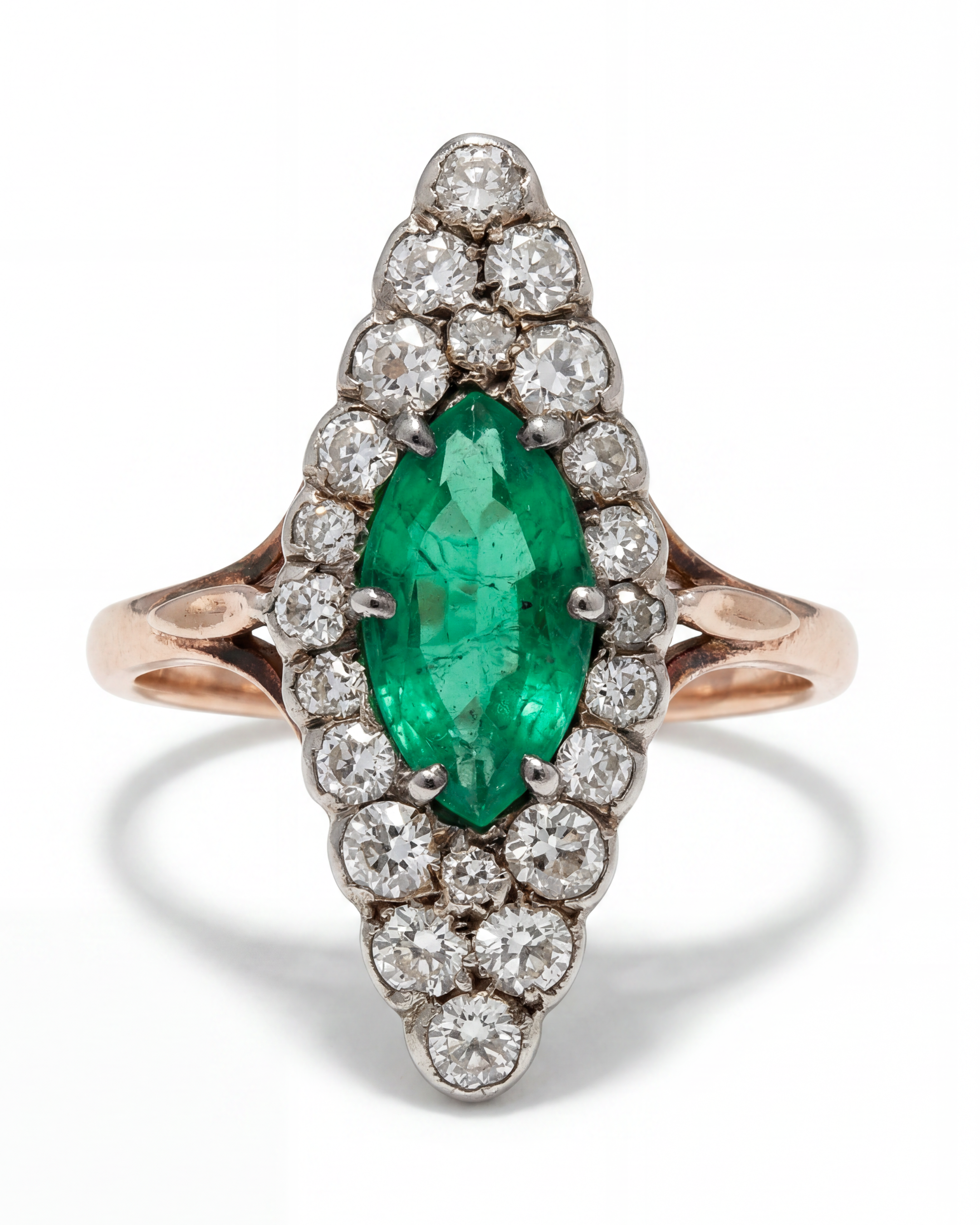 18KYG Emerald & Diamond Navette Ring