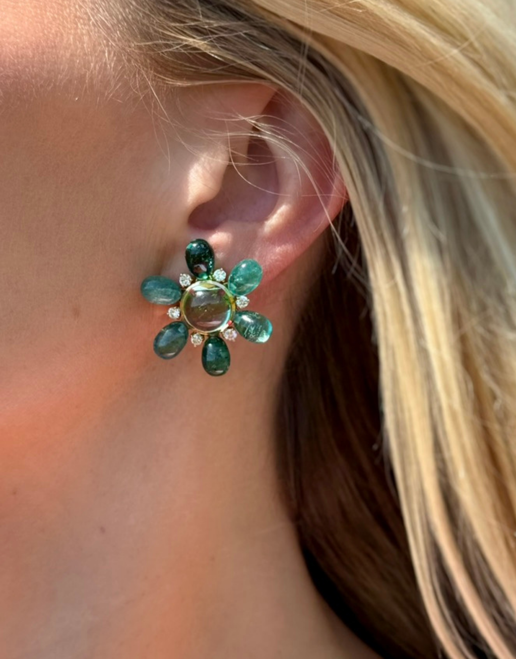 Blue Tourmaline & Diamond Flower Ear Clips