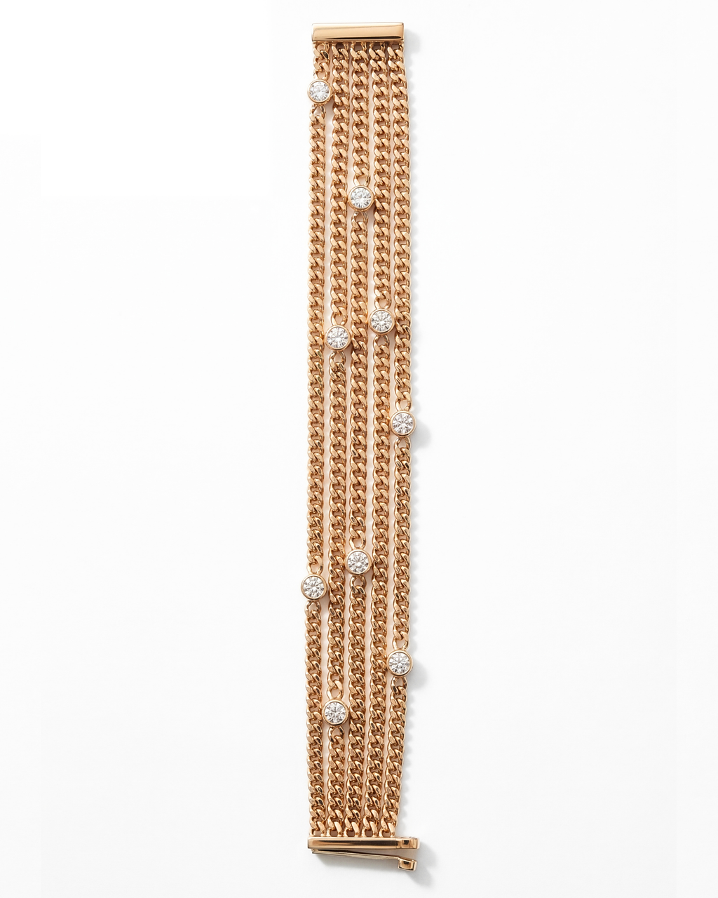Gold chain bracelet with diamond-like beads on a white background