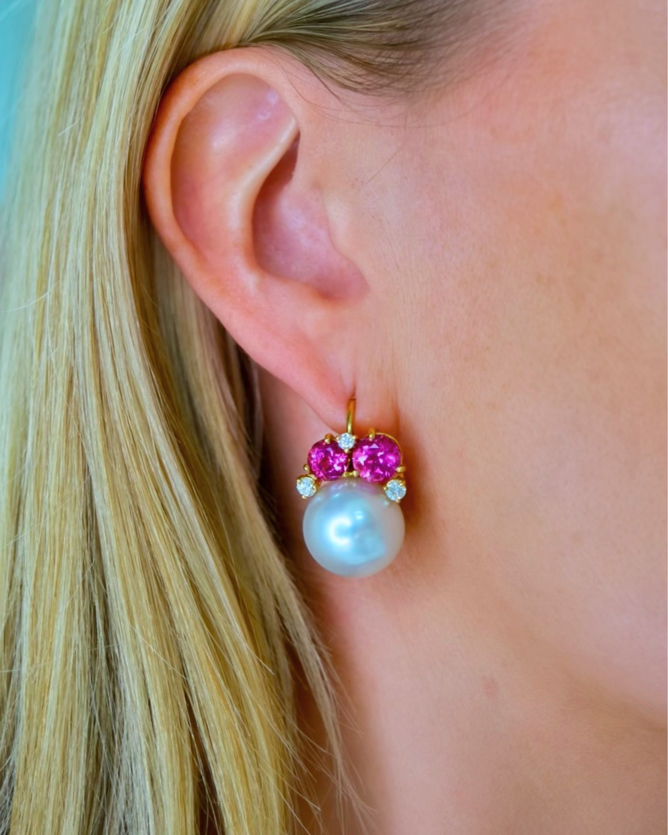 Rubelite, Diamond & Cultured Pearl Cluster Earrings