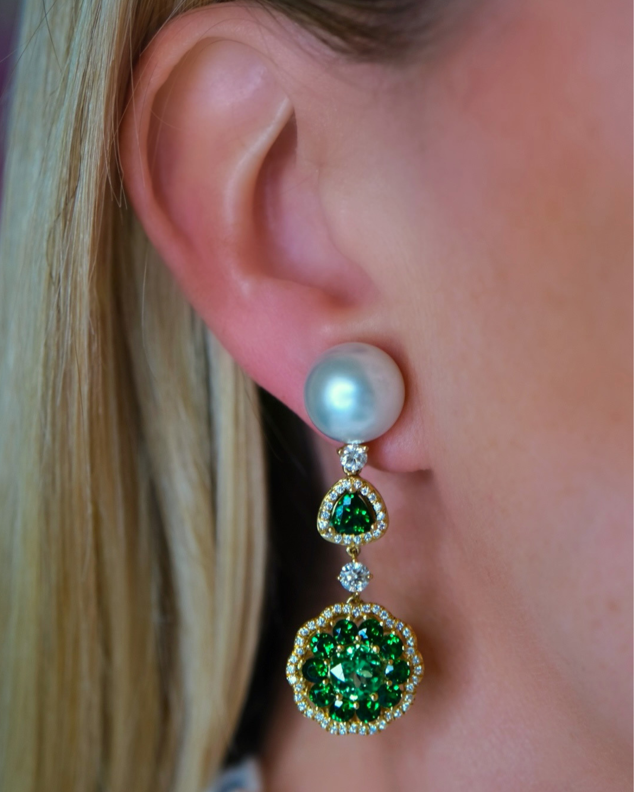 Tsavorite Garnet, Diamond & Pearl Earrings