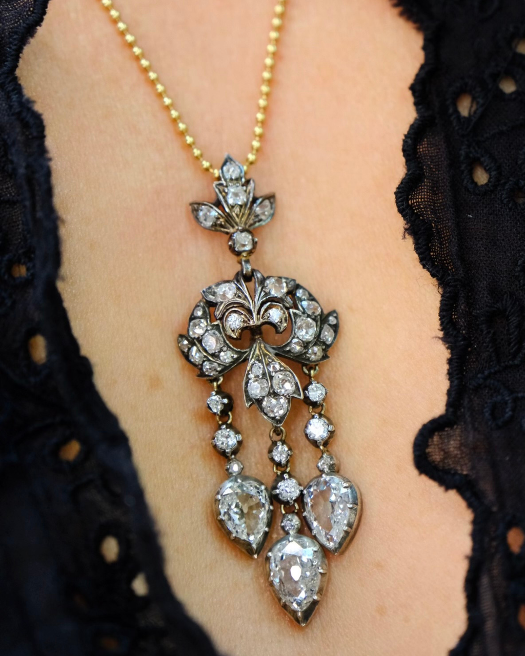 Victorian Diamond Pendant on 18KYG Ball Chain