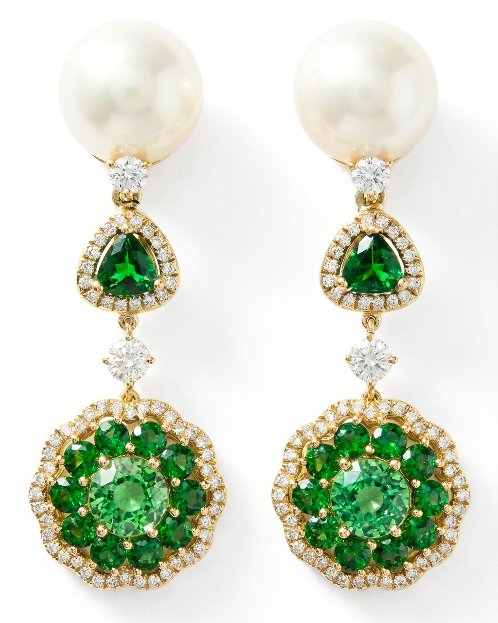 Tsavorite Garnet, Diamond & Pearl Earrings