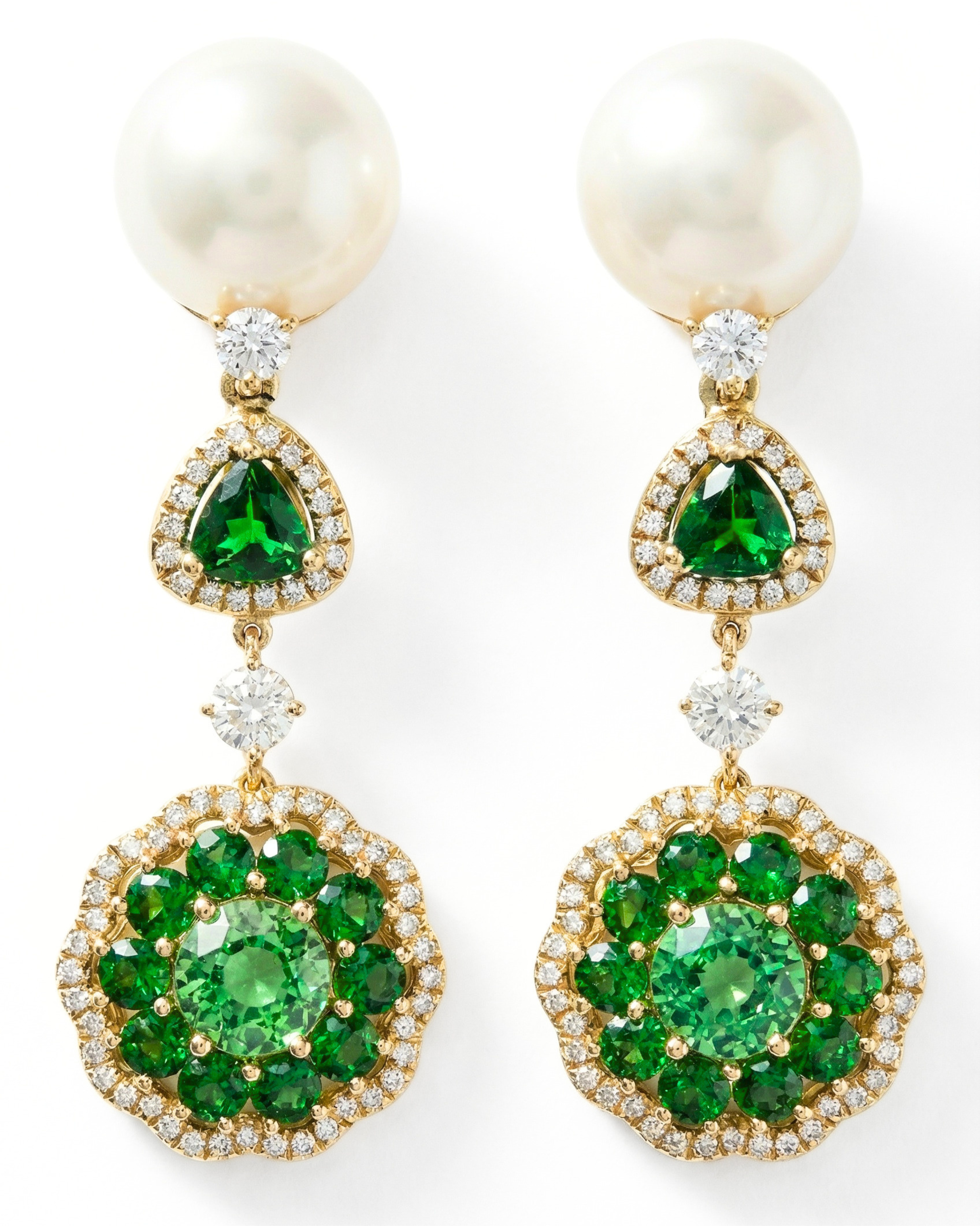 Tsavorite Garnet, Diamond & Pearl Earrings