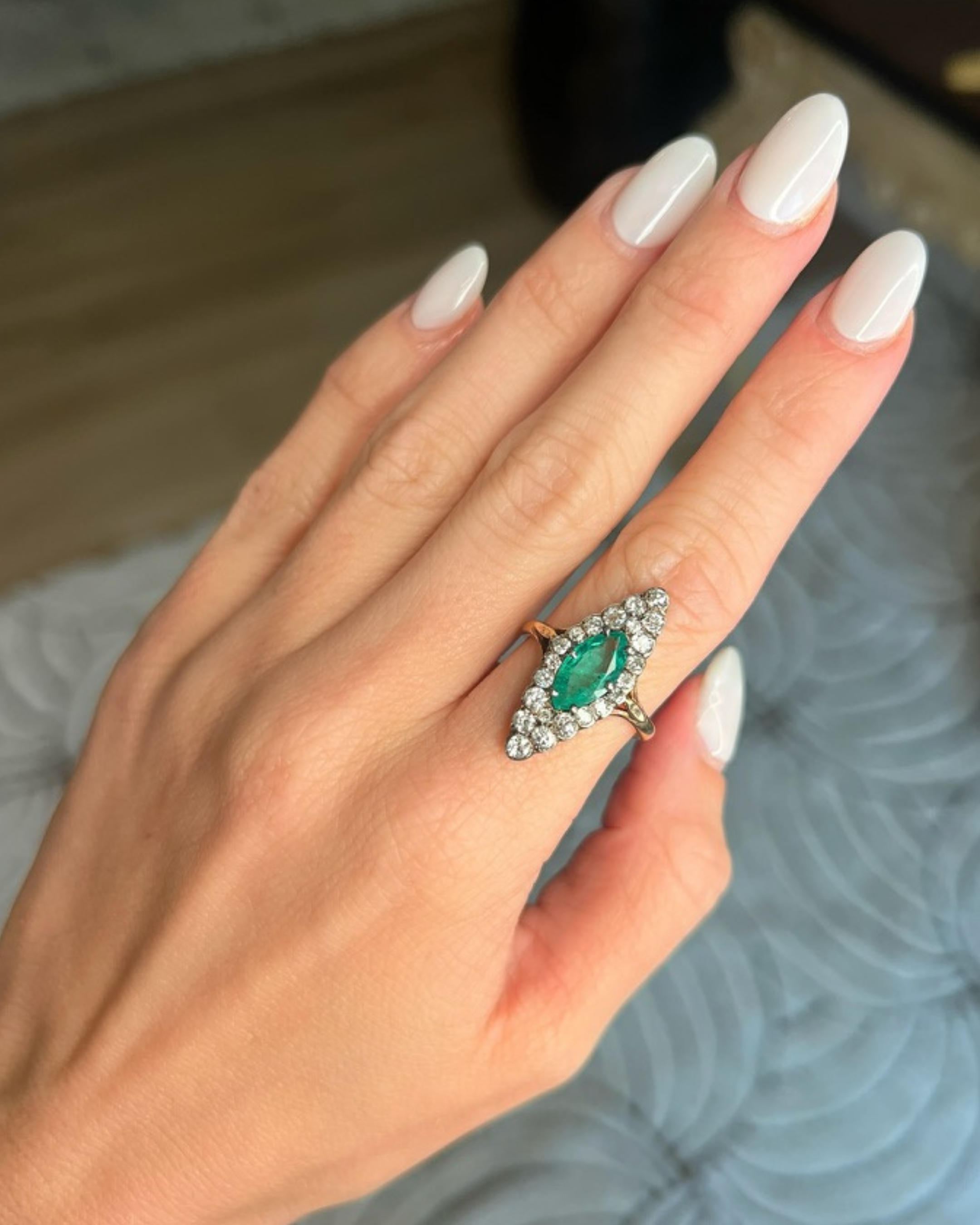 18KYG Emerald & Diamond Navette Ring