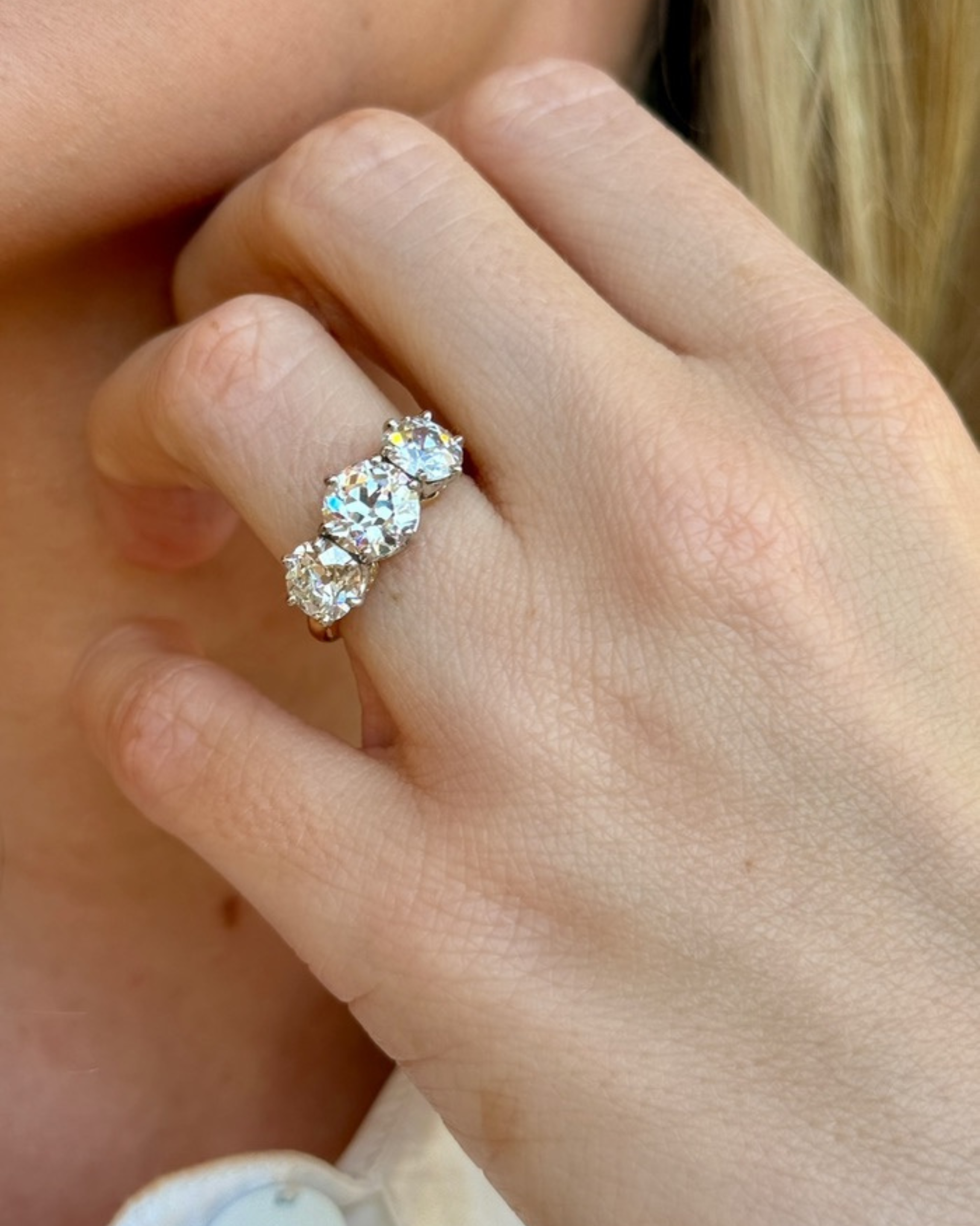 18KYG & Platinum, Old European Cut Diamond Three Stone Ring