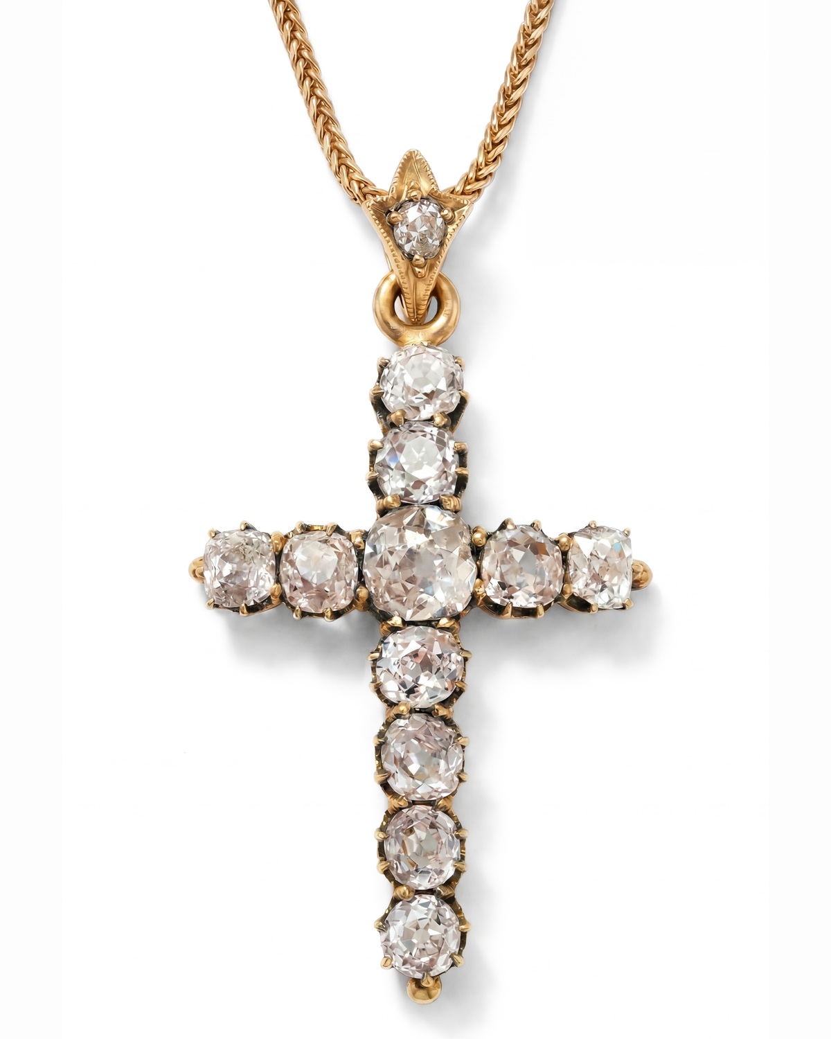 18KYG & Old Cut Diamond Cross Pendant c1850