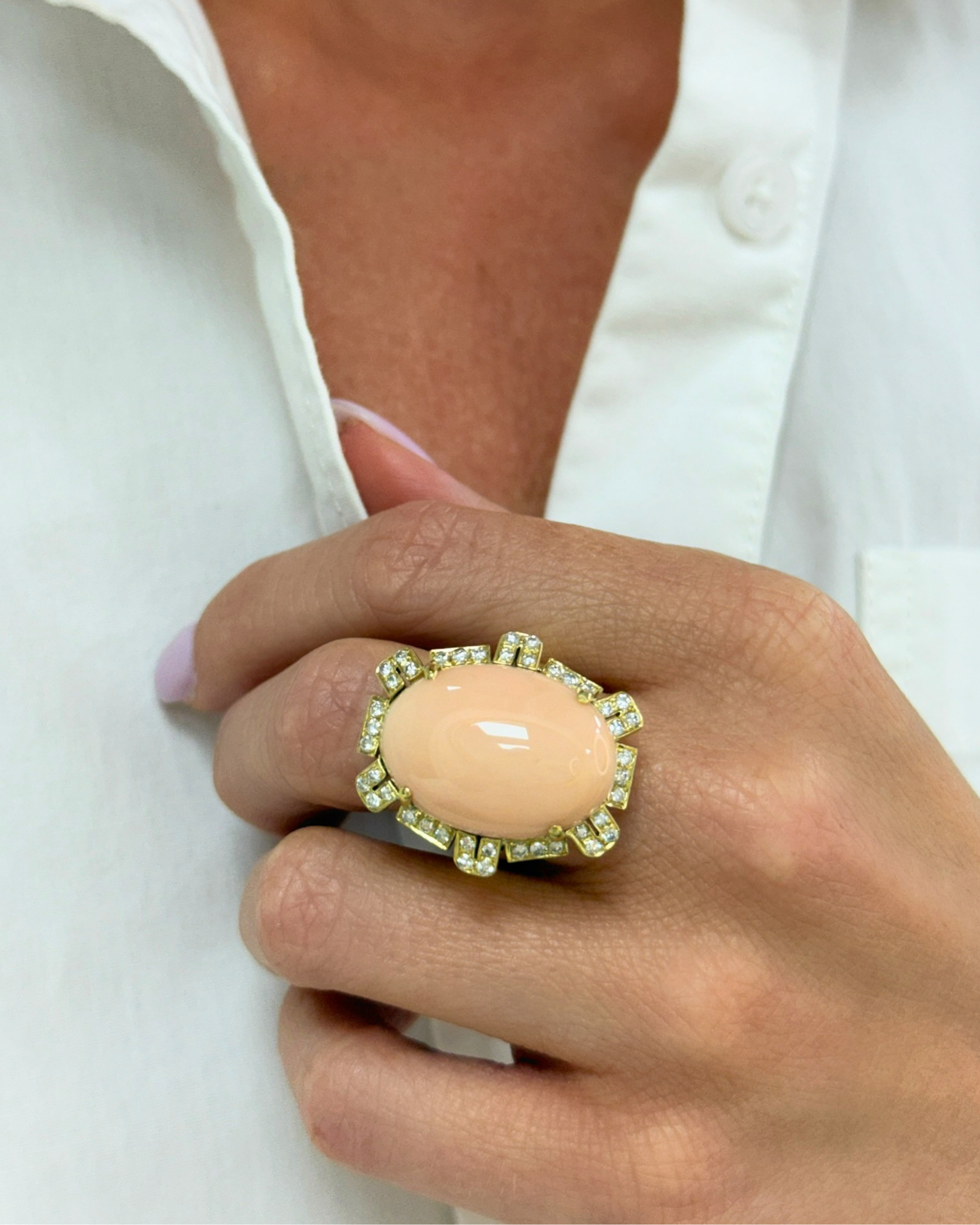 18KYG, Angel Skin Coral & Diamond Ring