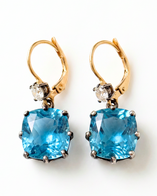 18K Yellow Gold, Diamond & Blue Zircon Earrings