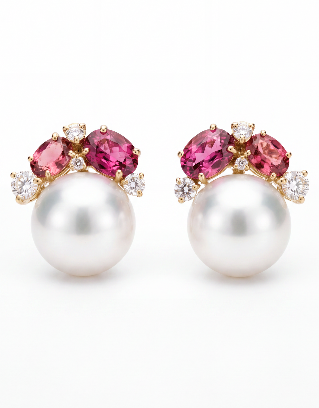 Rubellite, Tourmaline, Diamond & Pearl Cluster Earrings