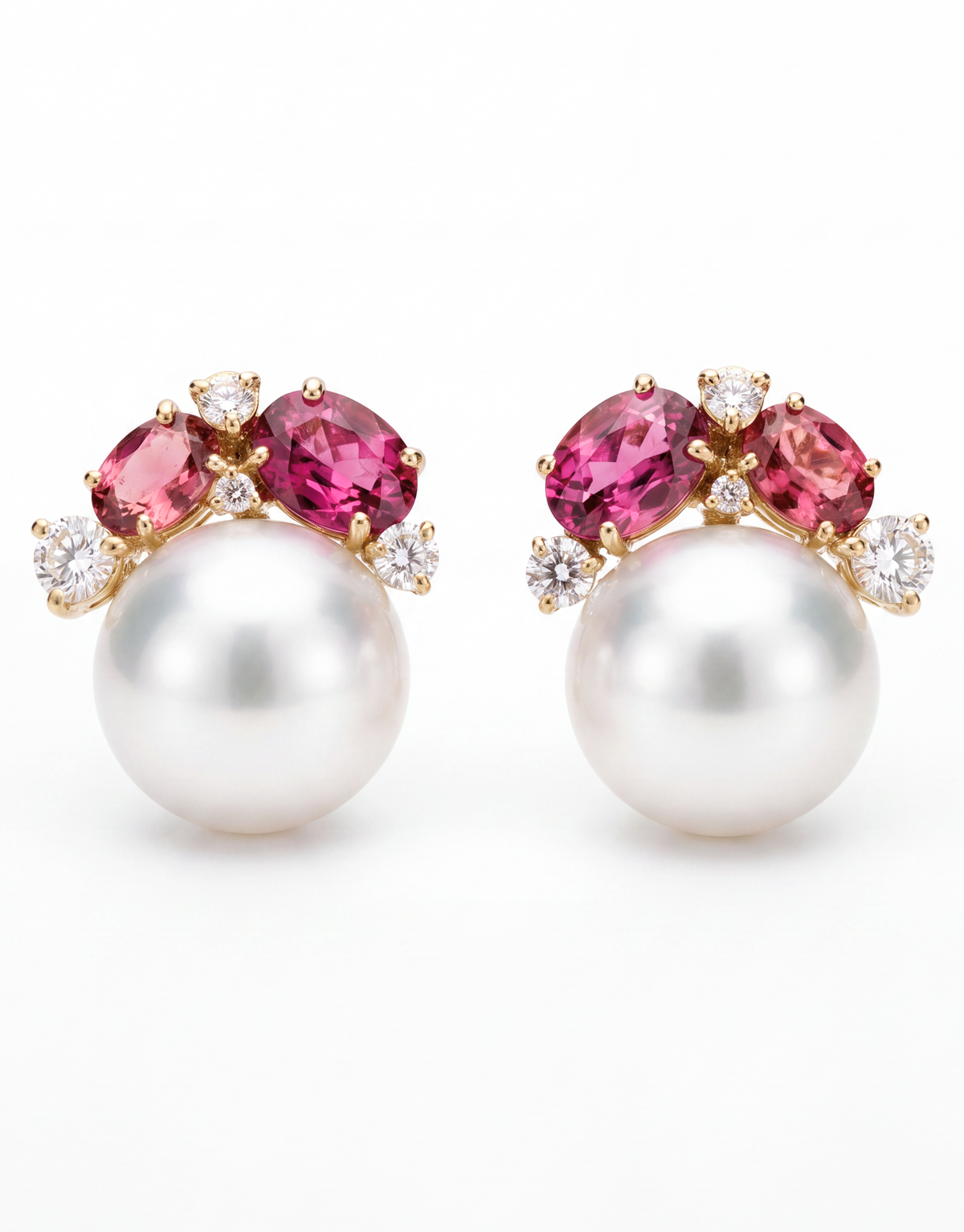 Rubellite, Tourmaline, Diamond & Pearl Cluster Earrings