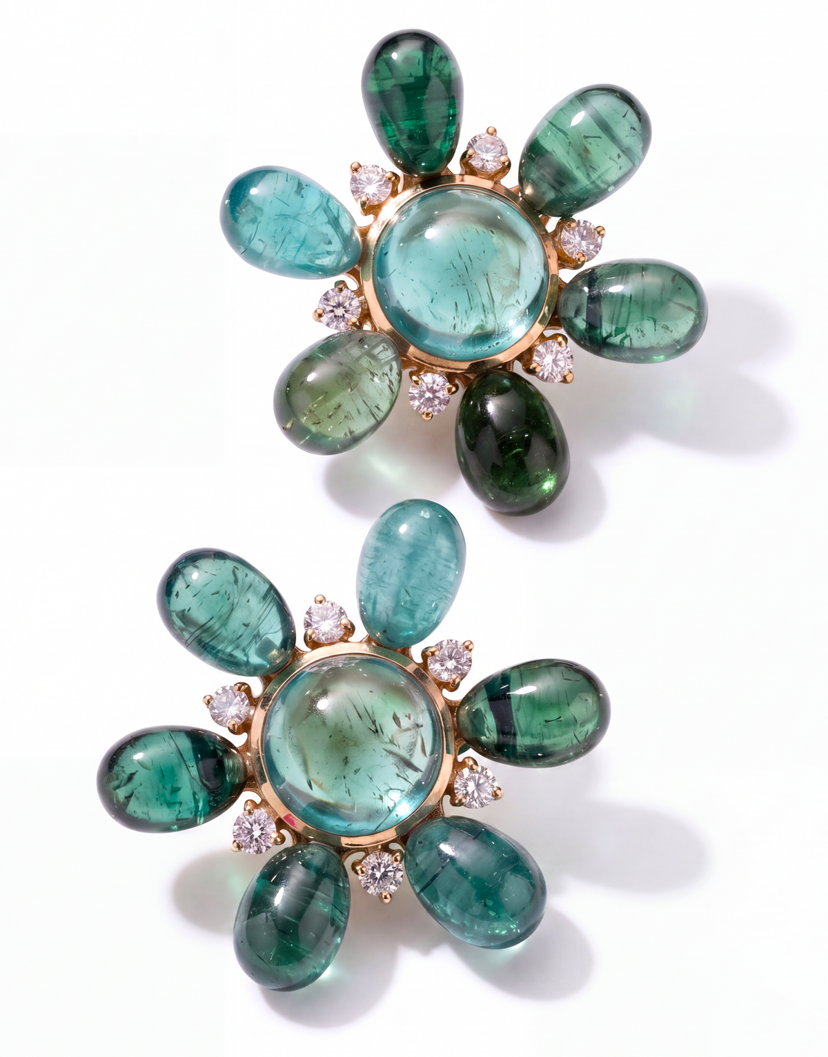 Blue Tourmaline & Diamond Flower Ear Clips