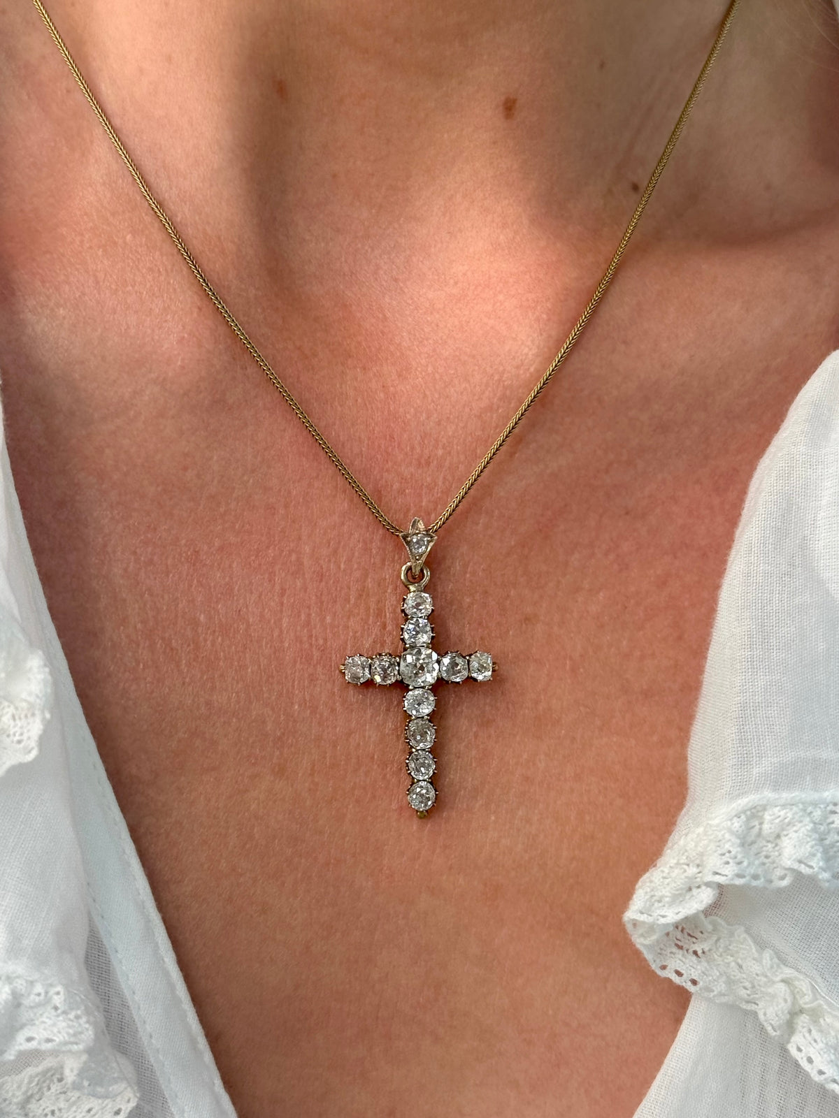 18KYG & Old Cut Diamond Cross Pendant c1850