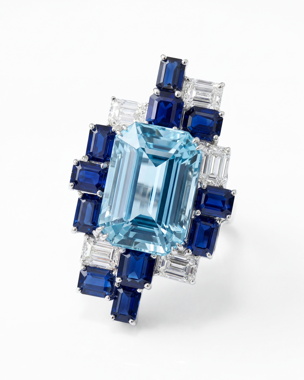 Aquamarine, Blue Sapphire & Diamond Ring