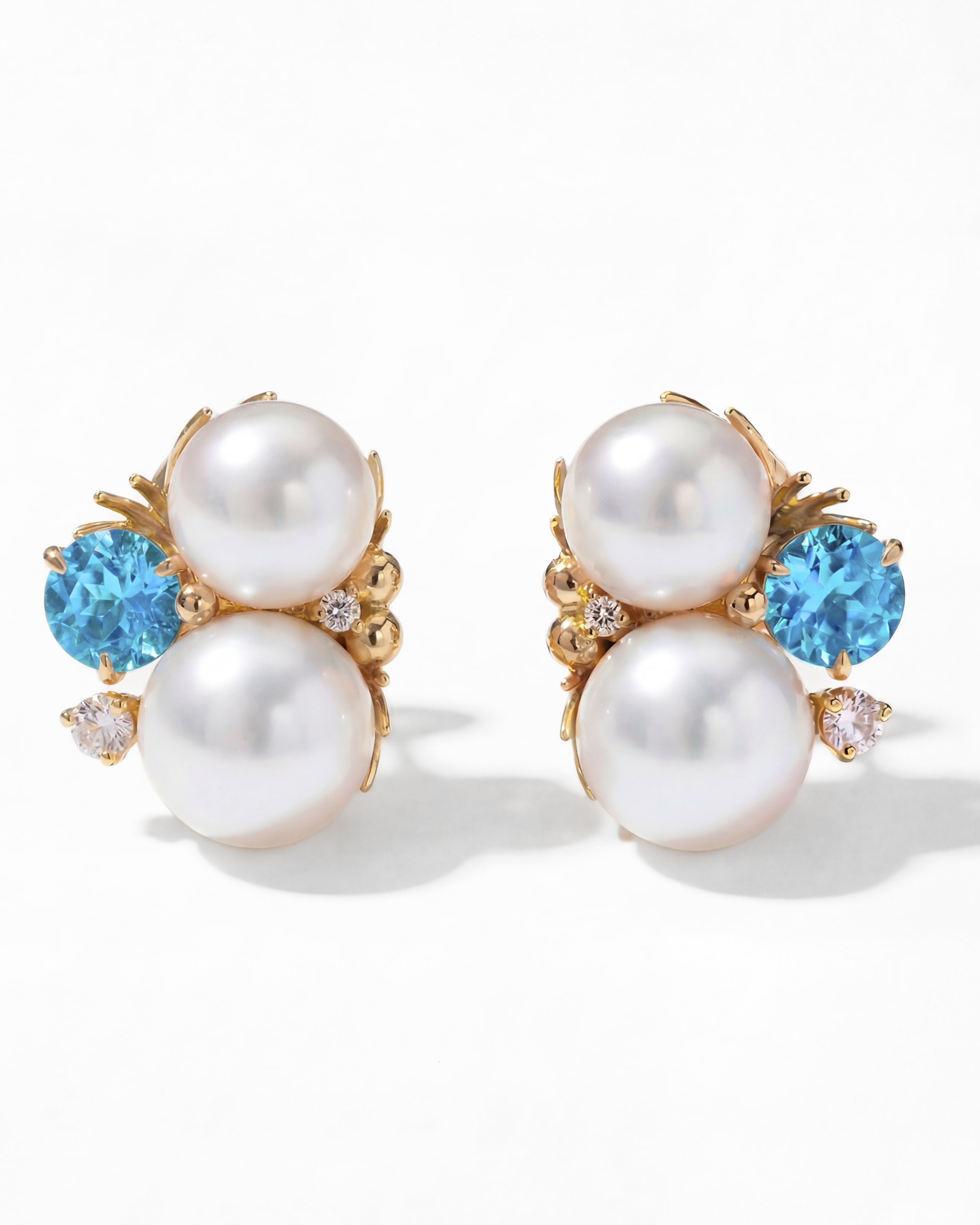 Blue Zircon, Diamond & Cultured Pearl Ear Clips
