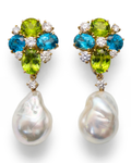 Pair of earrings with green and blue gemstones and baroque pearls on a white background