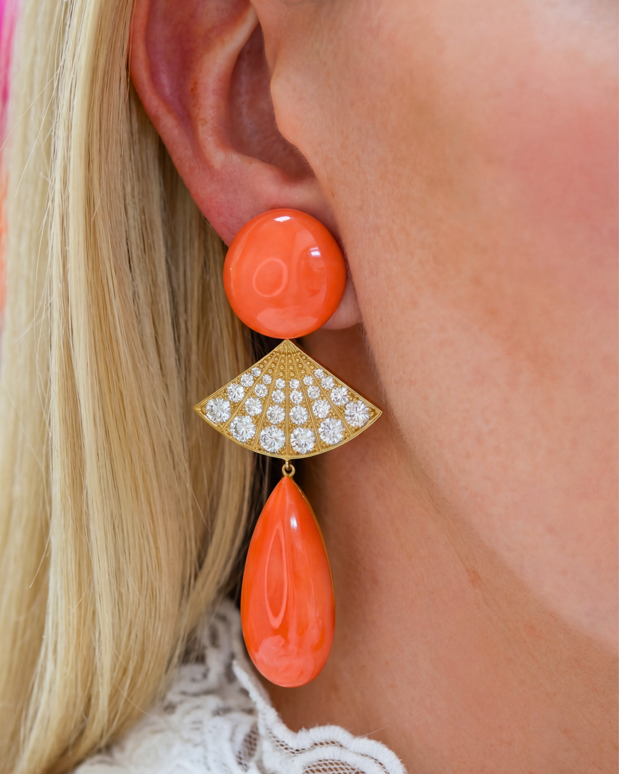 Natural Coral & Diamond Earrings
