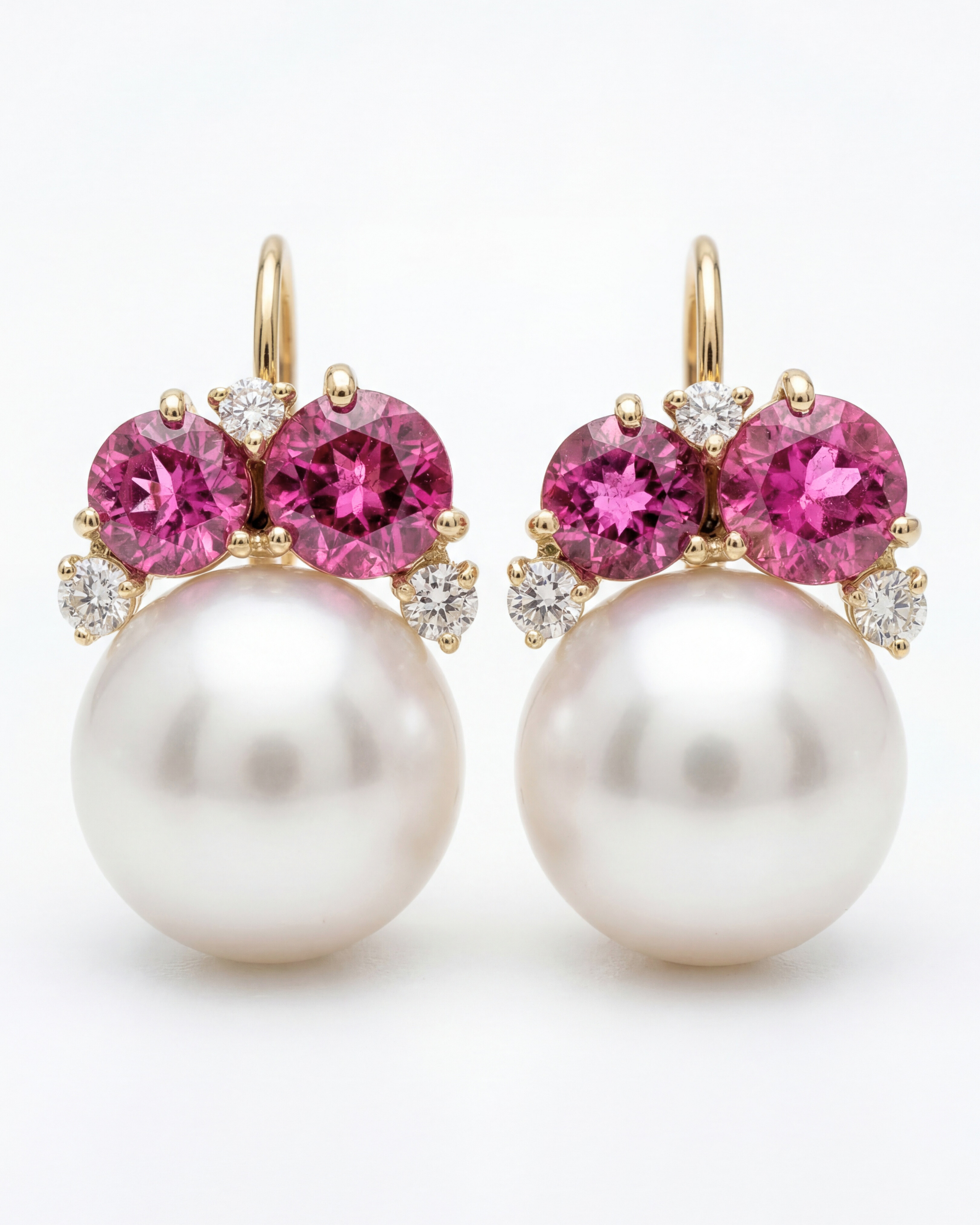 Rubelite, Diamond & Cultured Pearl Cluster Earrings