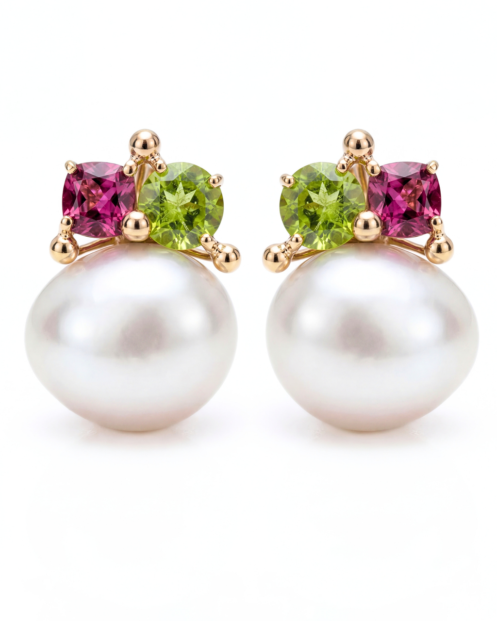 Rubelite, Peridot & Cultured Pearl Earrings