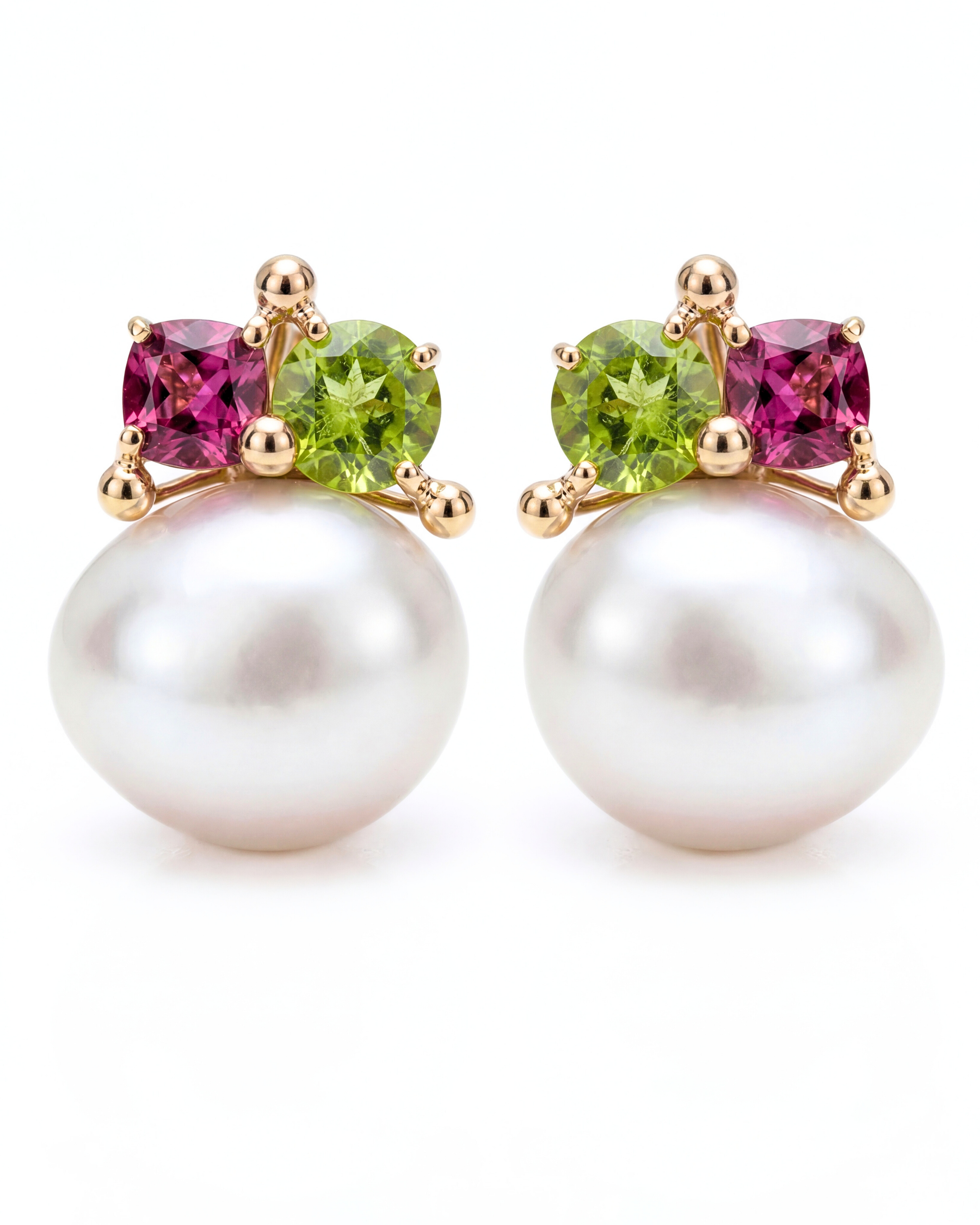 Rubelite, Peridot & Cultured Pearl Earrings