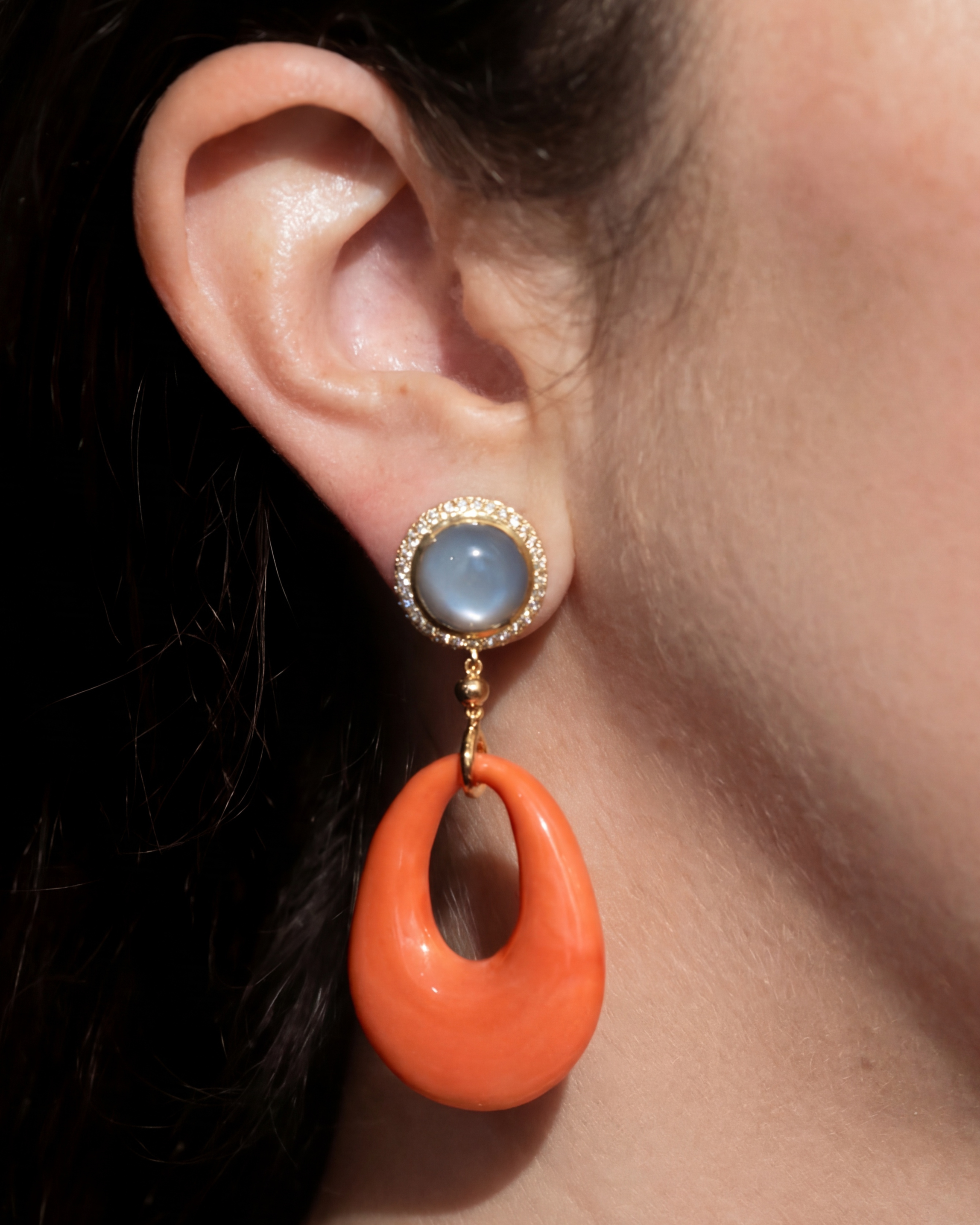 Moonstone, Diamond & Natural Coral Earrings