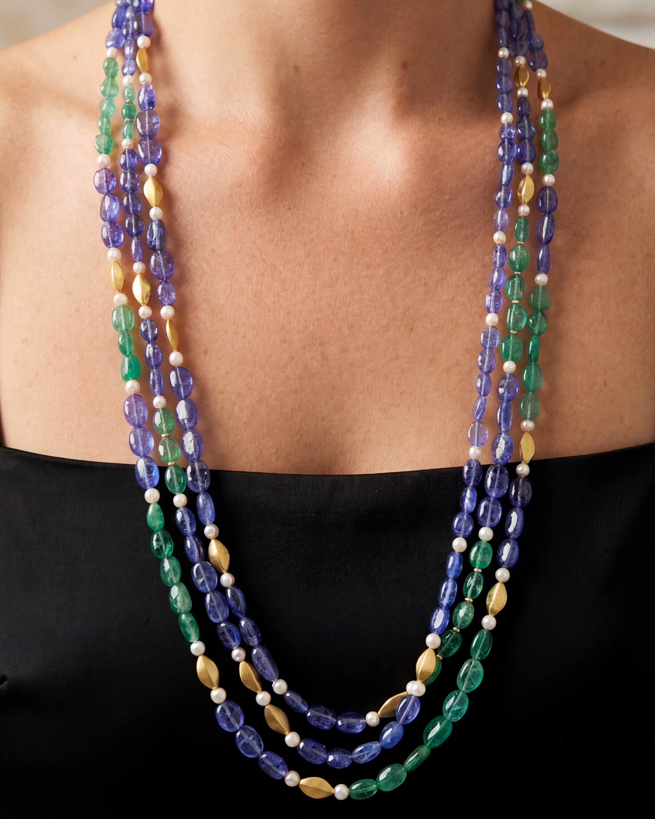 Tanzanite, Emerald & Japanese Cultured Pearl Necklaces
