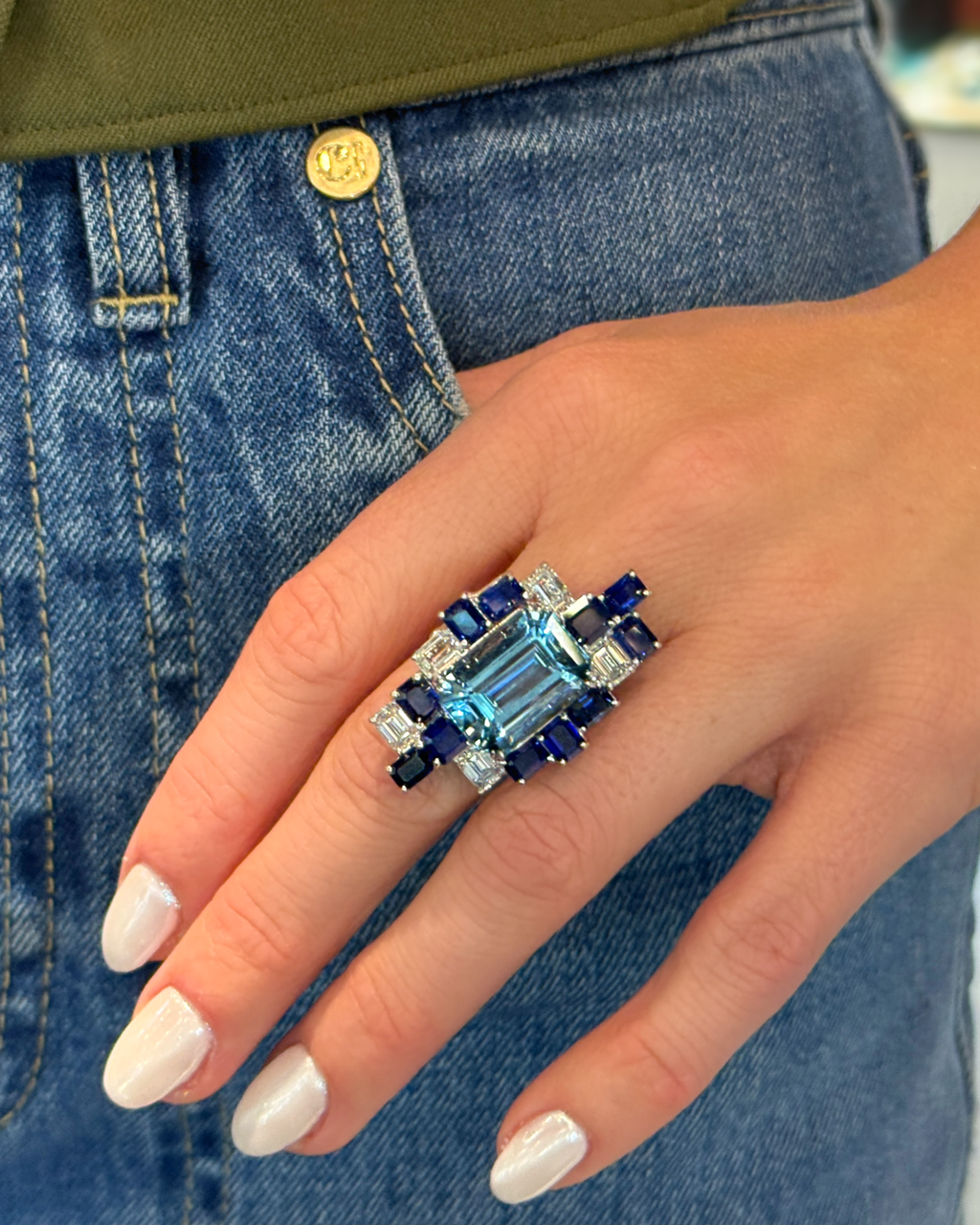 Aquamarine, Blue Sapphire & Diamond Ring