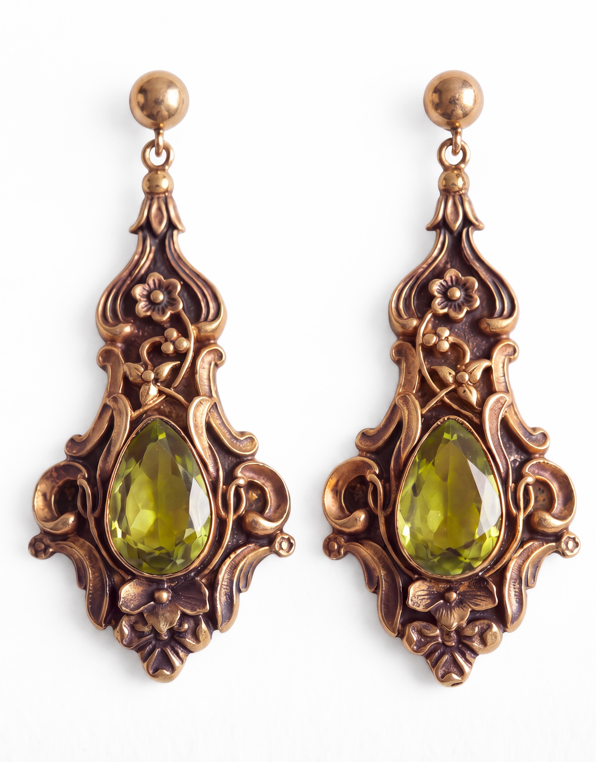 Antique 18K Yellow Gold & Peridot Earrings, Circa 1840
