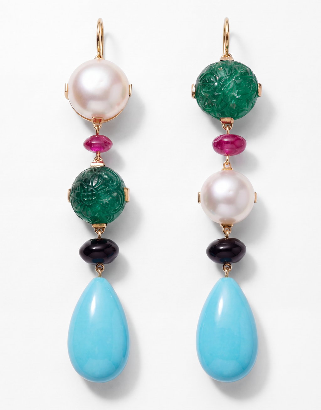 Ruby, Turquoise, Onyx & Cultured Pearl Earrings