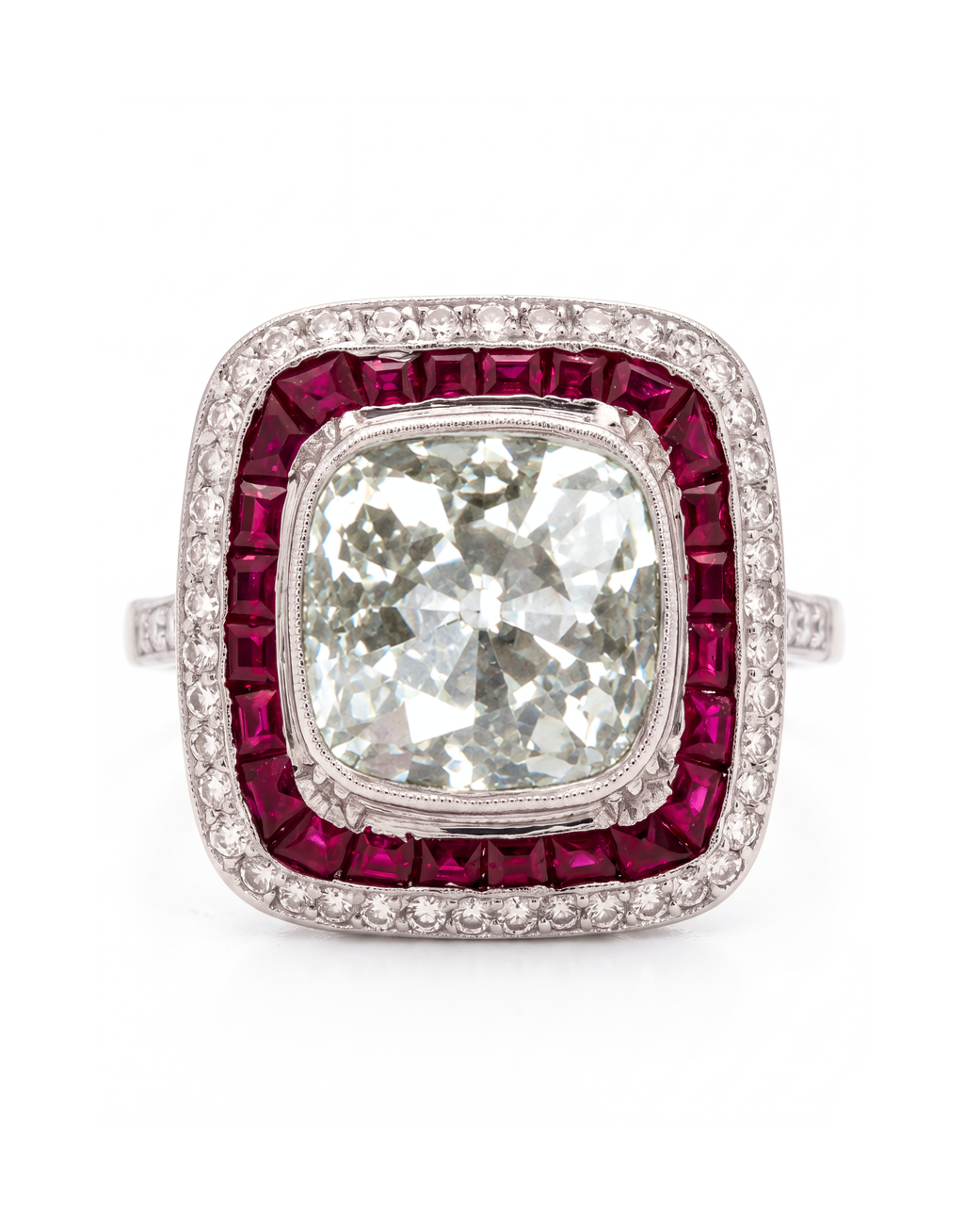 Platinum, Old Mine Cut Diamond & Ruby Ring