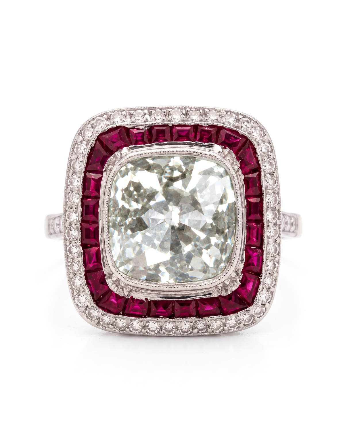 Platinum, Old Mine Cut Diamond & Ruby Ring