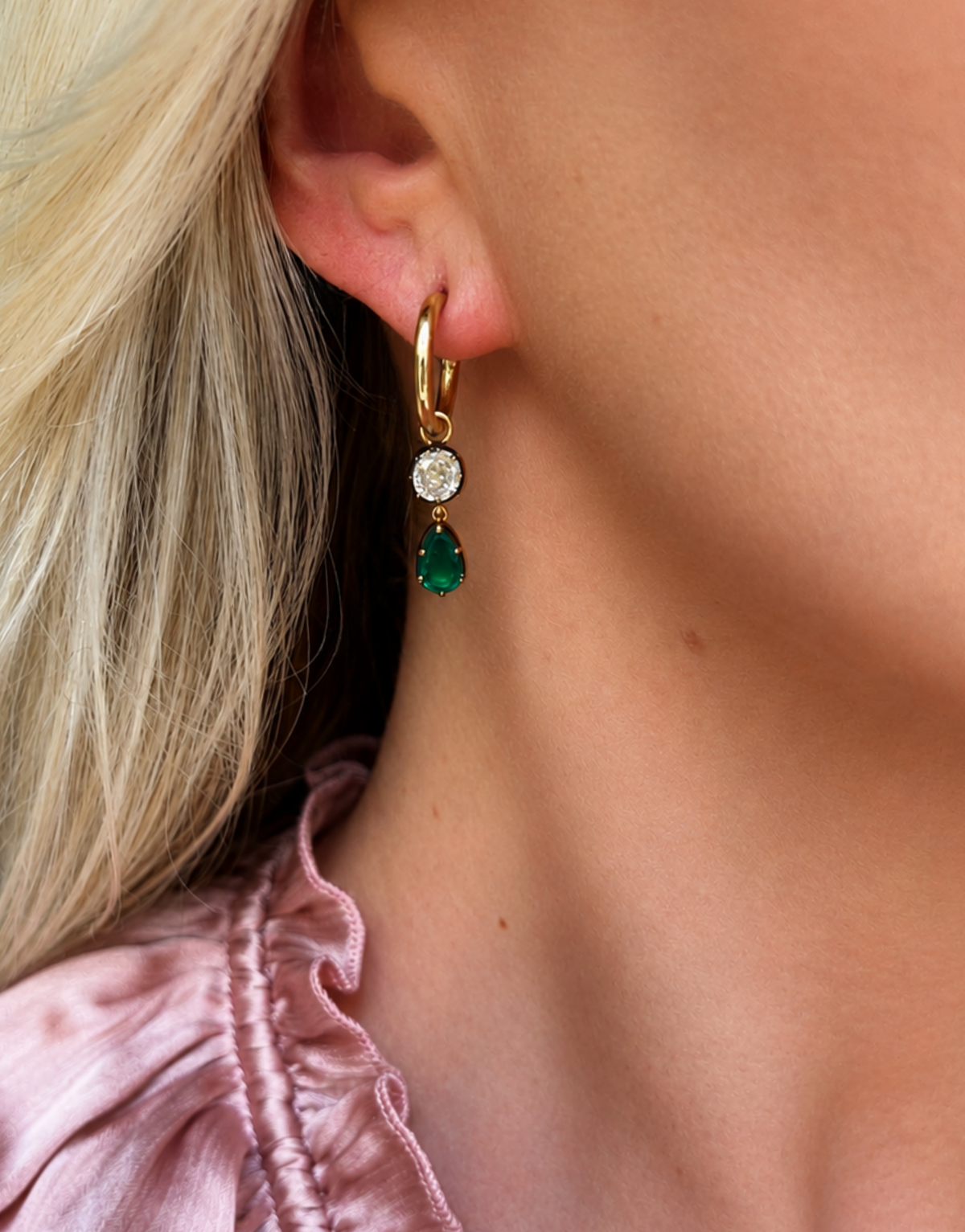 18KYG Hoops with Diamond & Emerald Drops