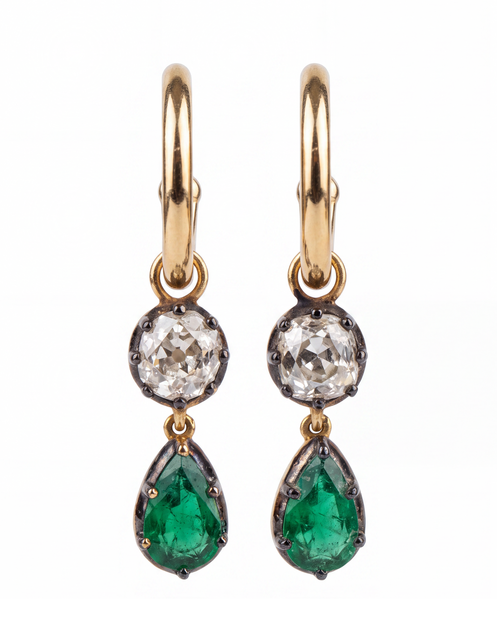 18KYG Hoops with Diamond & Emerald Drops