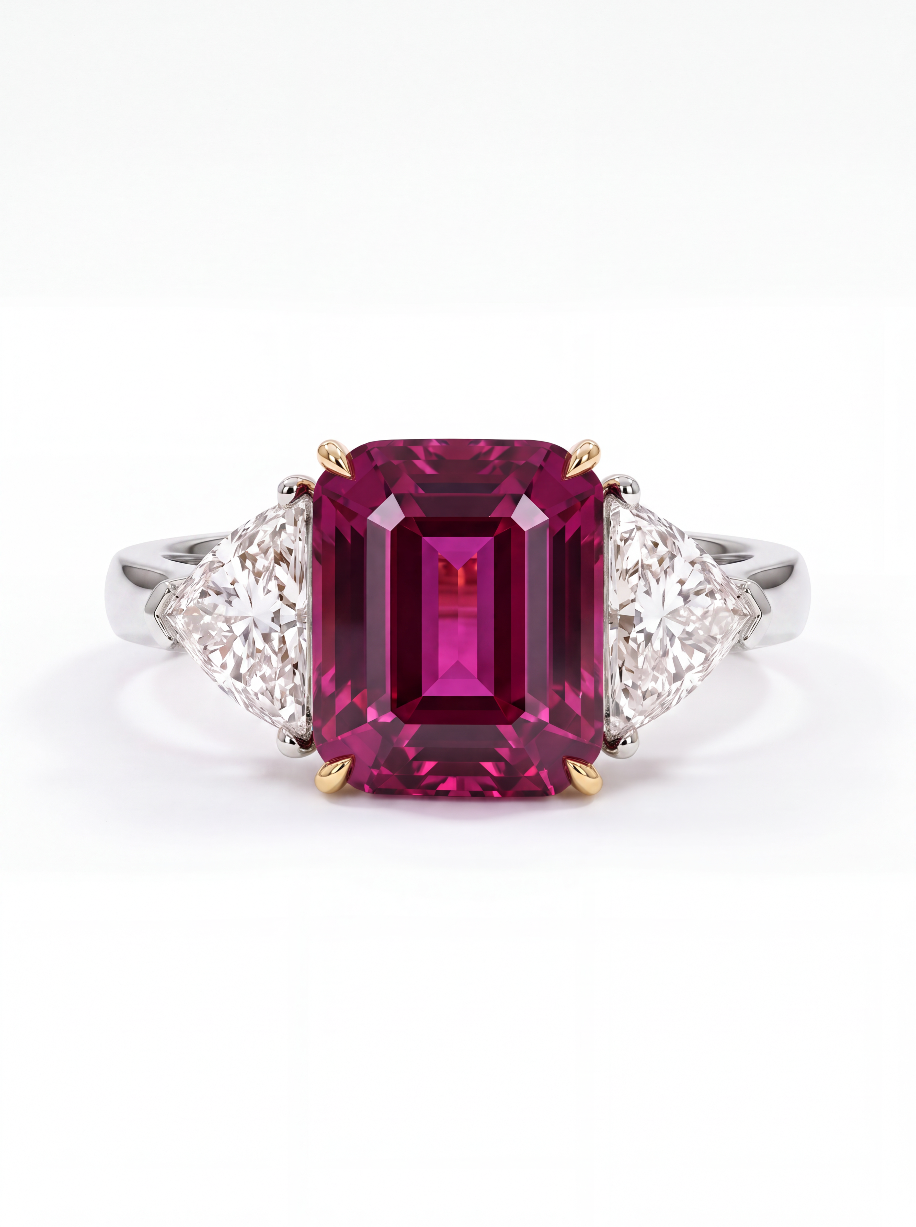 An emerald-cut pink gemstone ring with diamond side stones in a silver and gold setting, shown on a clean white background.