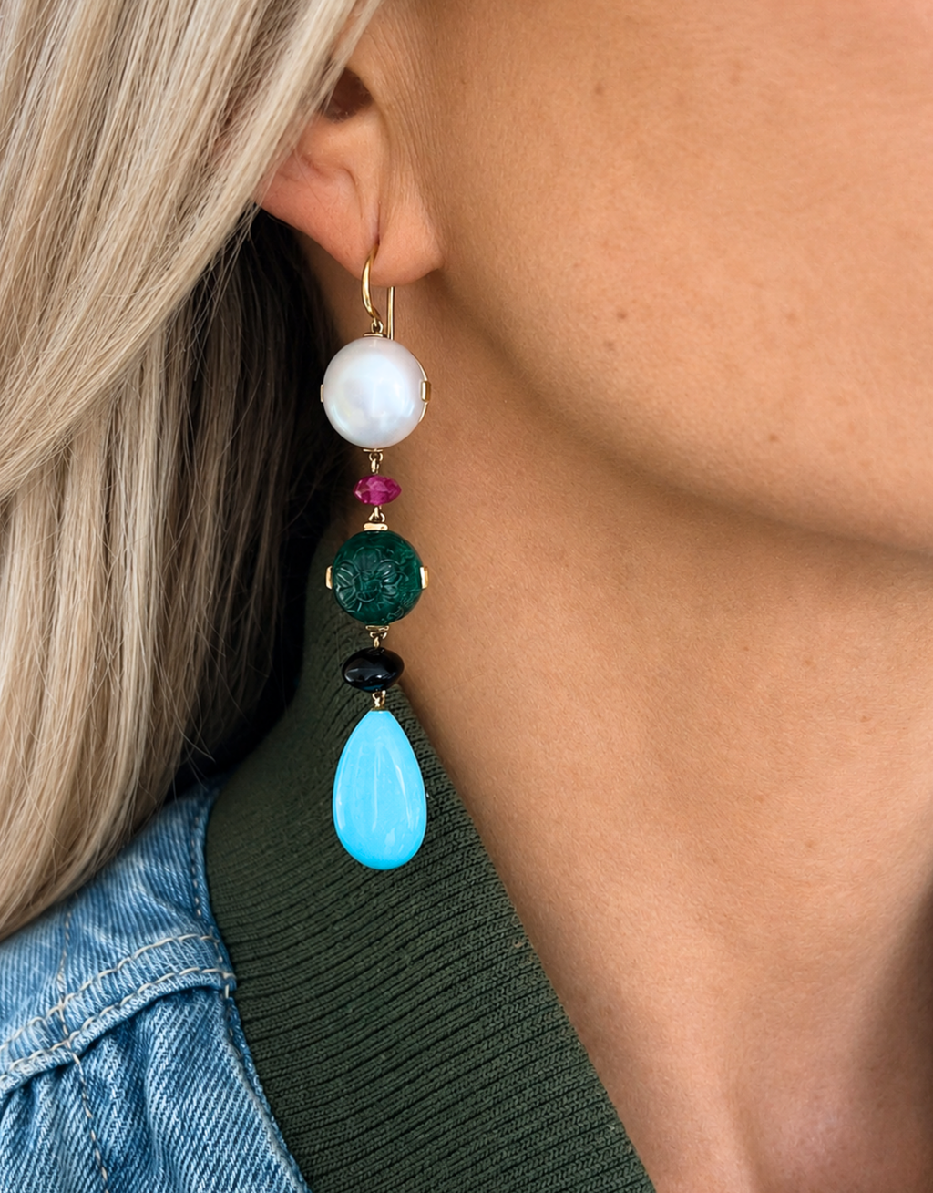 Ruby, Turquoise, Onyx & Cultured Pearl Earrings