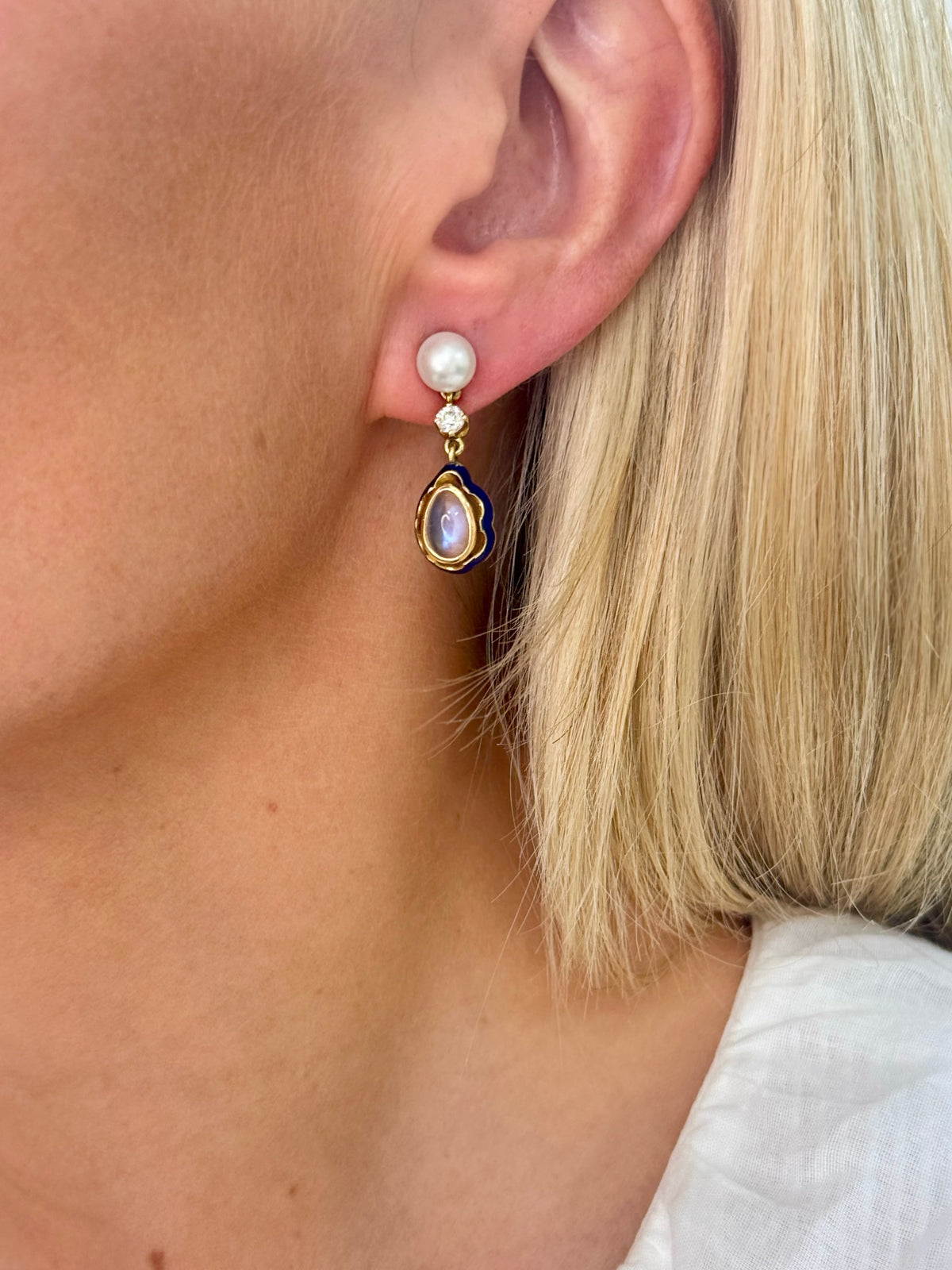 Vintage Moonstone, Pearl & Enamel Earrings