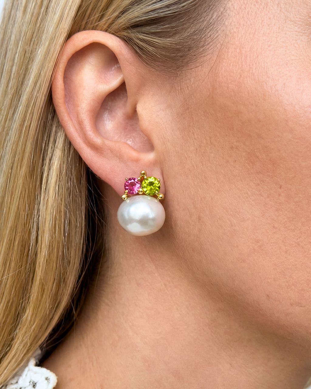 Rubelite, Peridot & Cultured Pearl Earrings