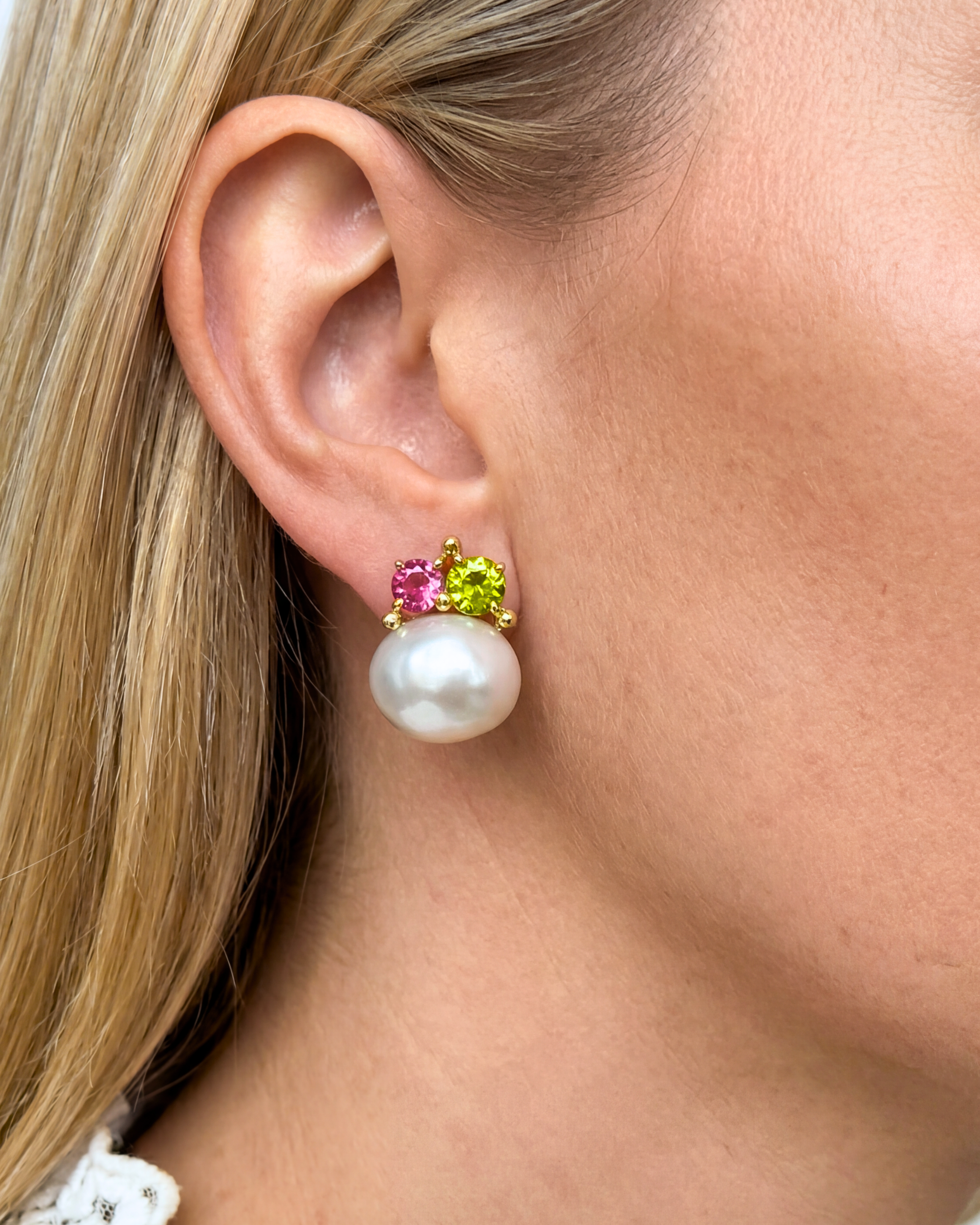 Rubelite, Peridot & Cultured Pearl Earrings