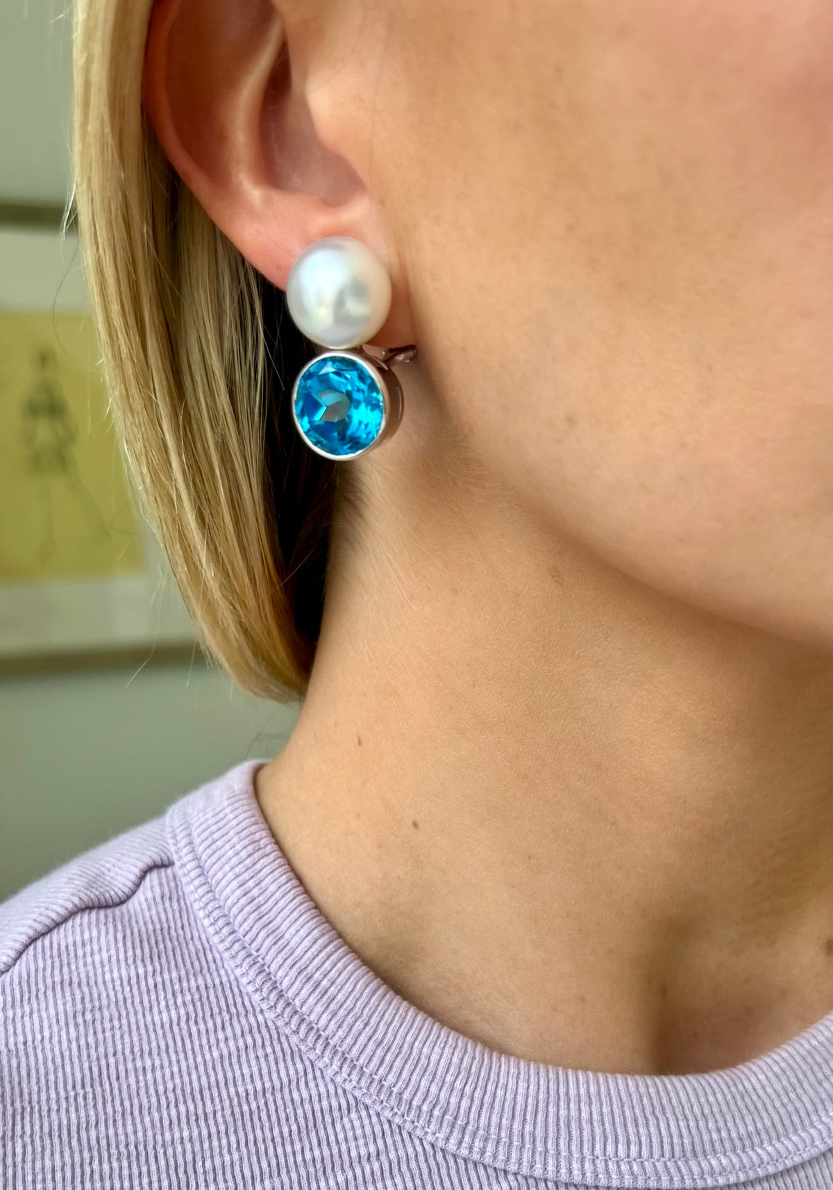 18KWG Pearl and Blue Topaz Ear Clips