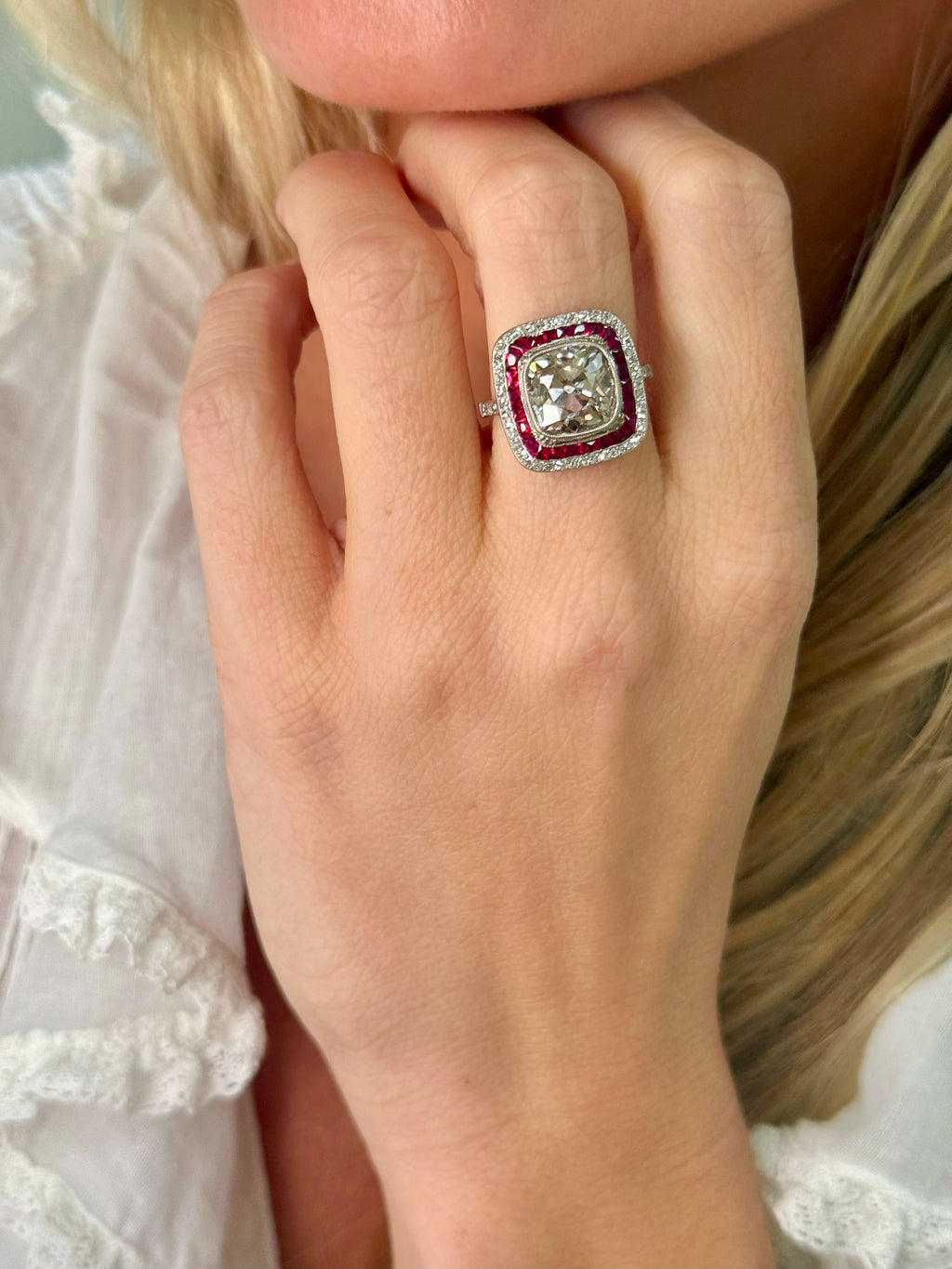 Platinum, Old Mine Cut Diamond & Ruby Ring