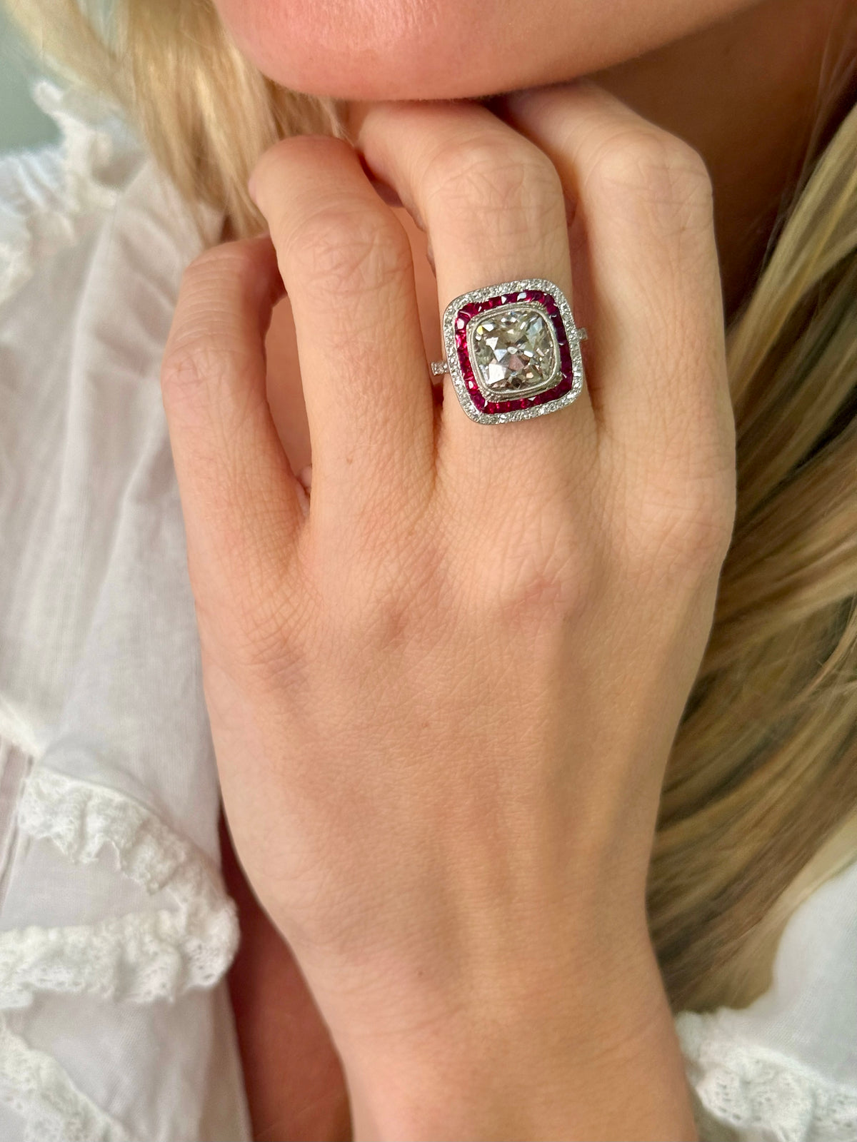 Platinum, Old Mine Cut Diamond & Ruby Ring