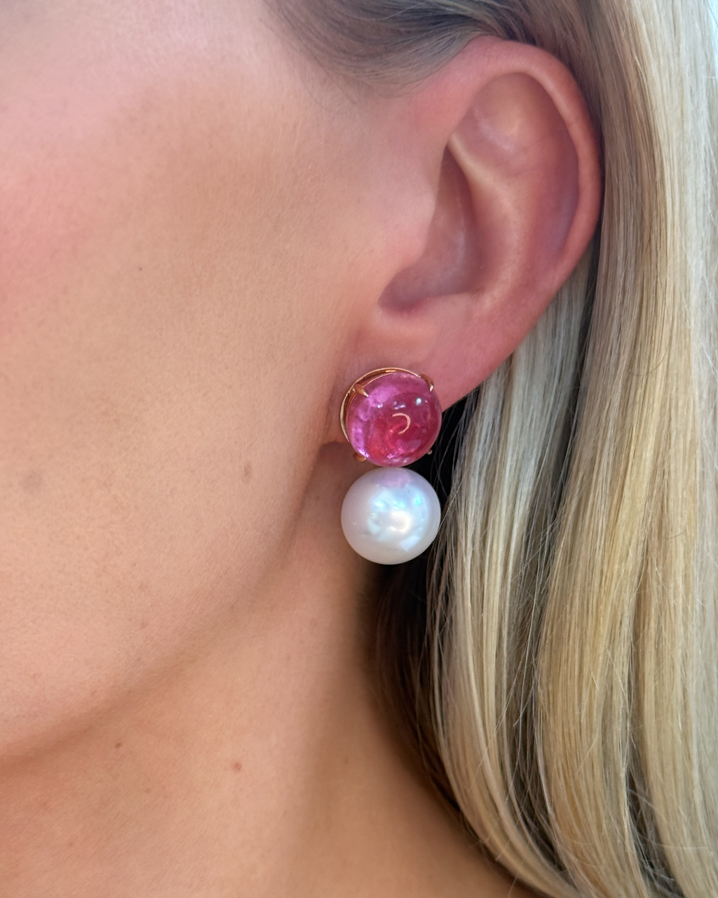 Pink Tourmaline & Pearl Earclips