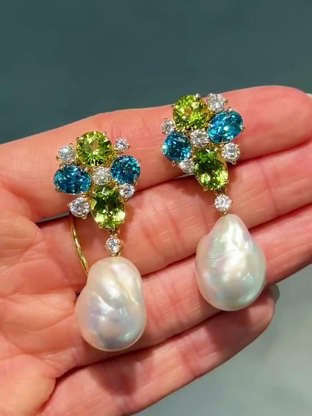 Blue Zircon, Peridot, Diamond & Baroque Pearl Earrings