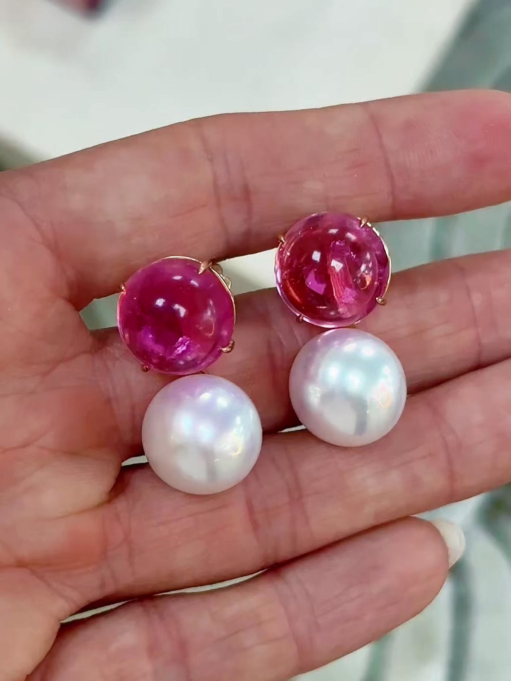 Pink Tourmaline & Pearl Earclips
