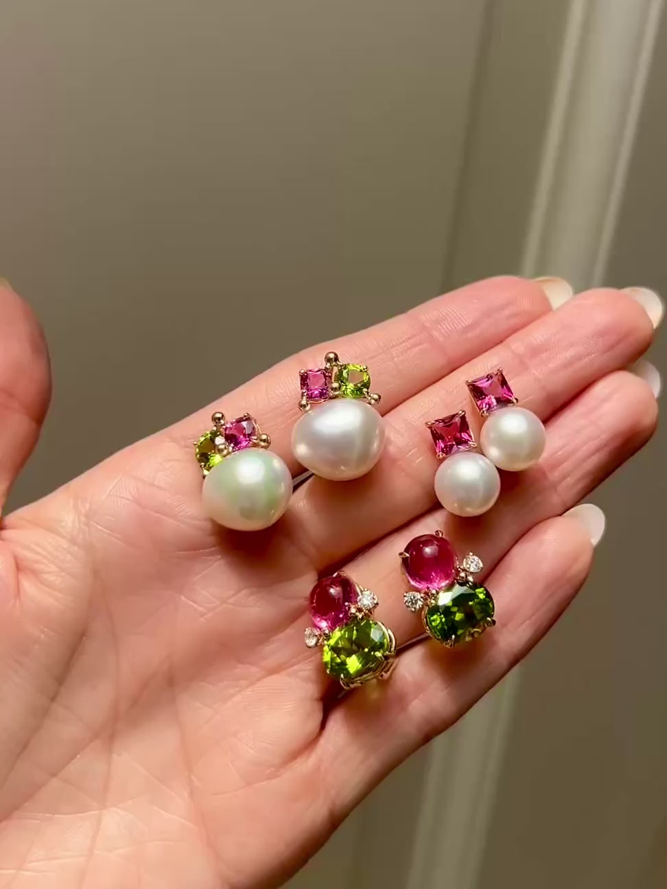Rubelite, Peridot & Cultured Pearl Earrings