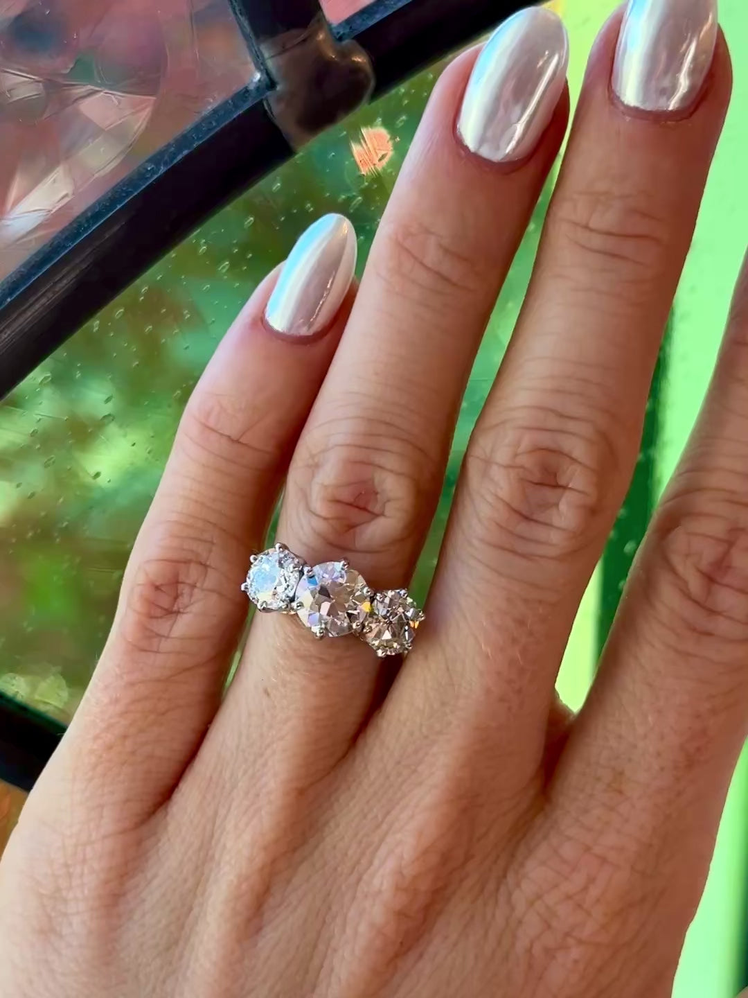 18KYG & Platinum, Old European Cut Diamond Three Stone Ring