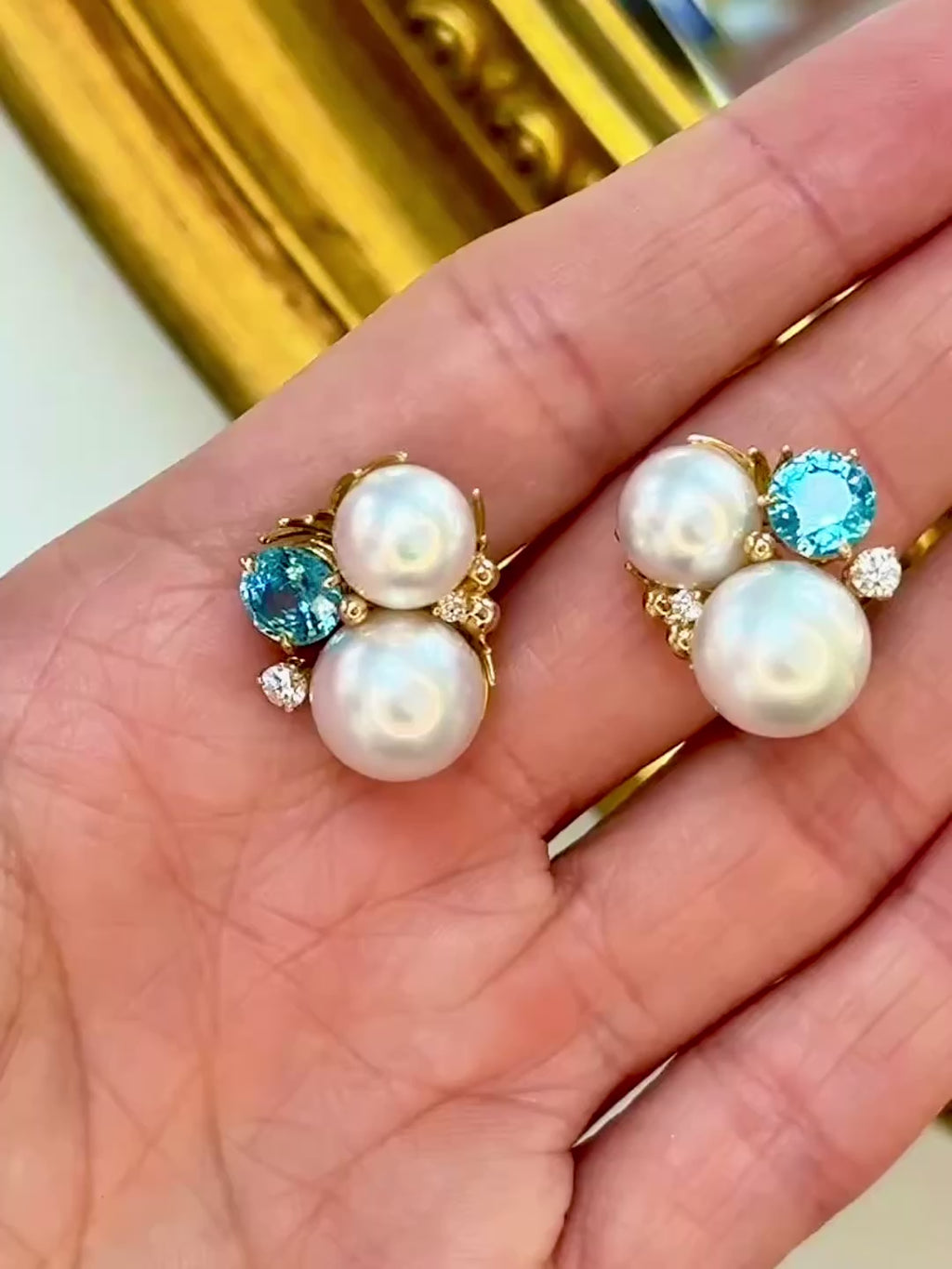 Blue Zircon, Diamond & Cultured Pearl Ear Clips