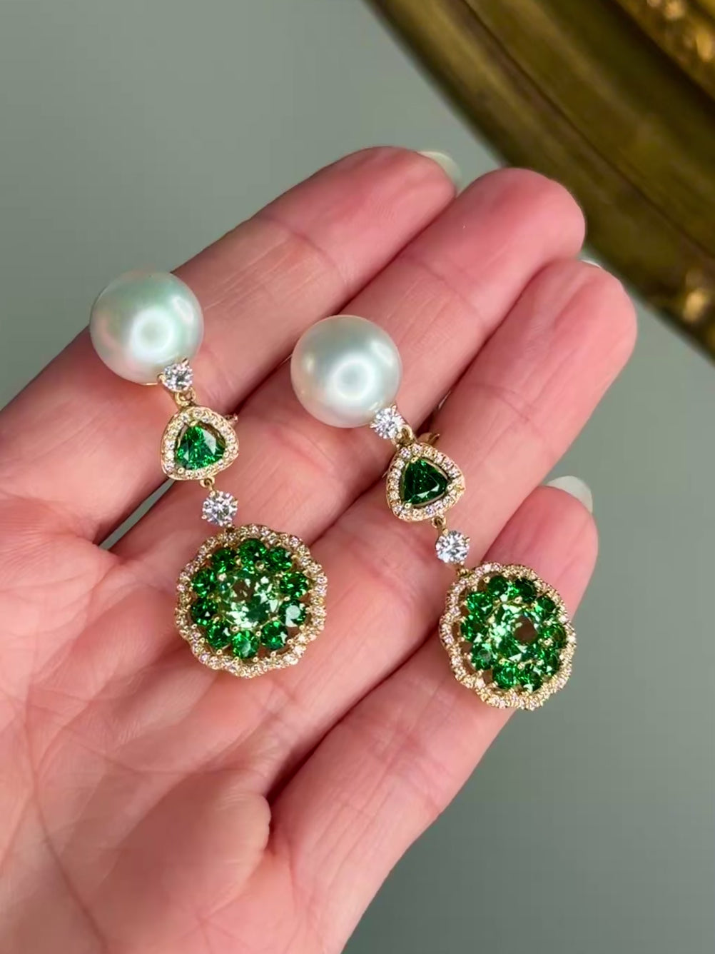 Tsavorite Garnet, Diamond & Pearl Earrings