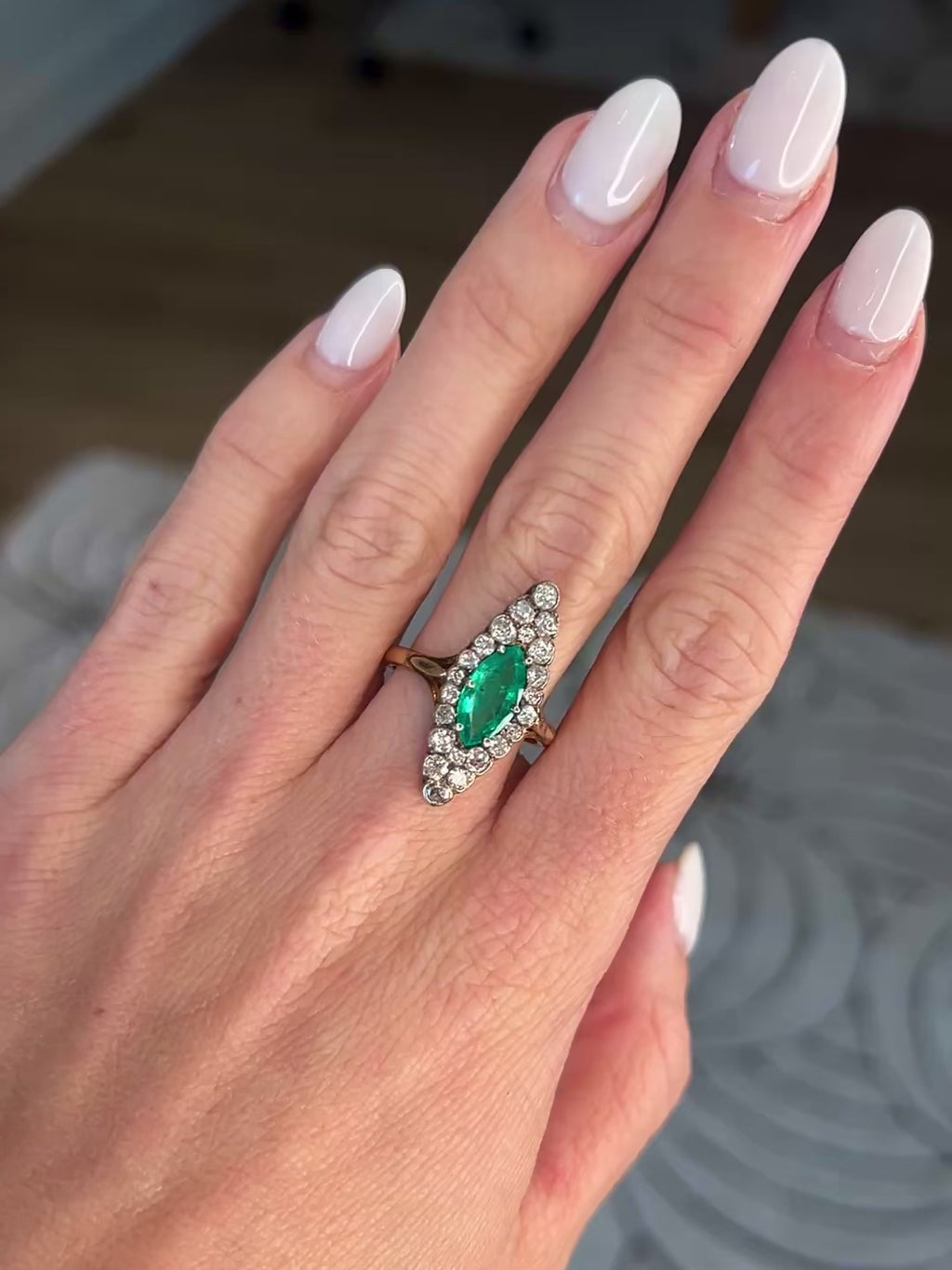 18KYG Emerald & Diamond Navette Ring